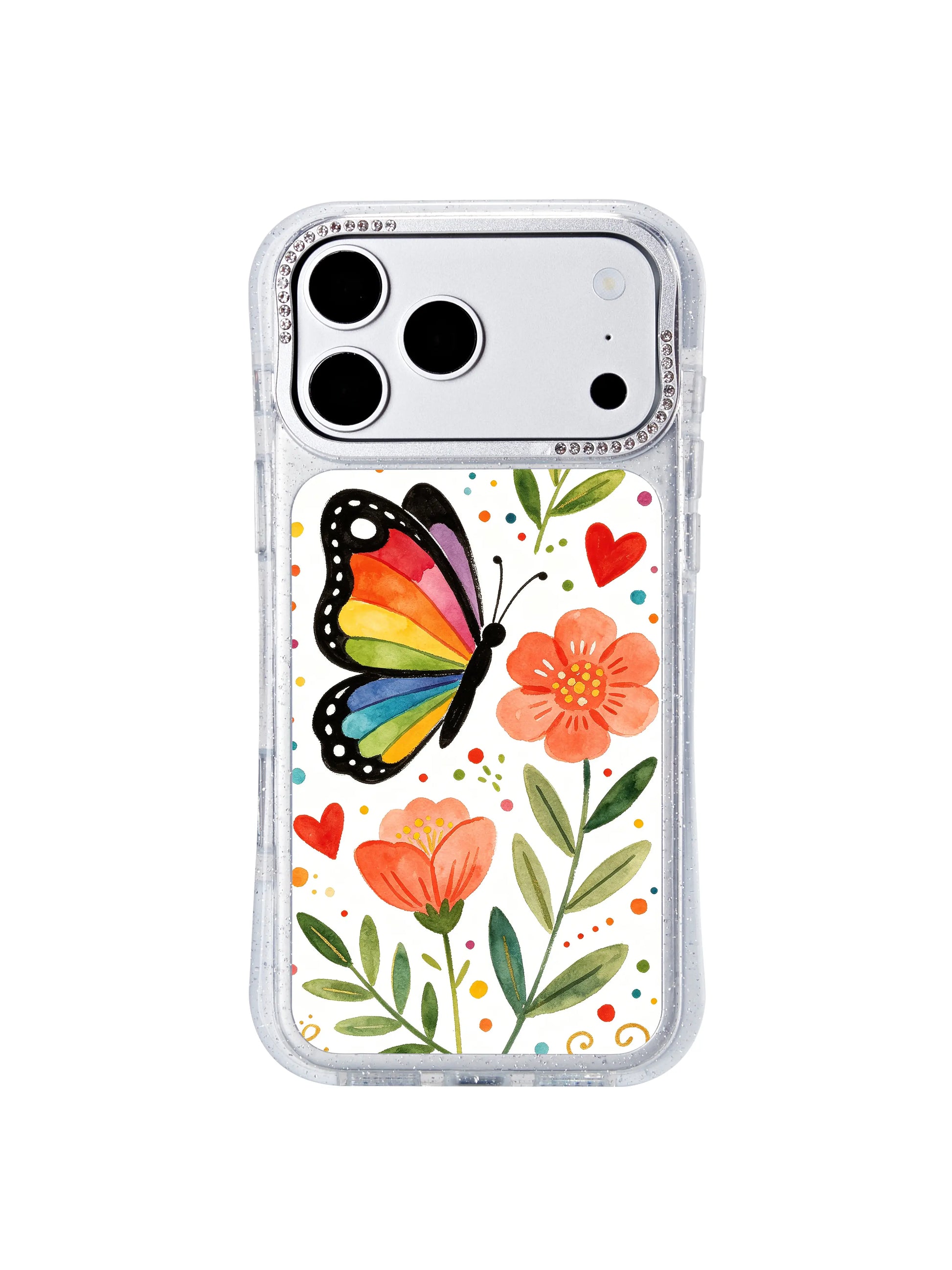 PhoneCasing California-made iphone 17 pro Max case printed with Aurelia Finch’s rainbow butterfly garden artwork, archival UV ink for fade-resistant long-lasting vivid color.