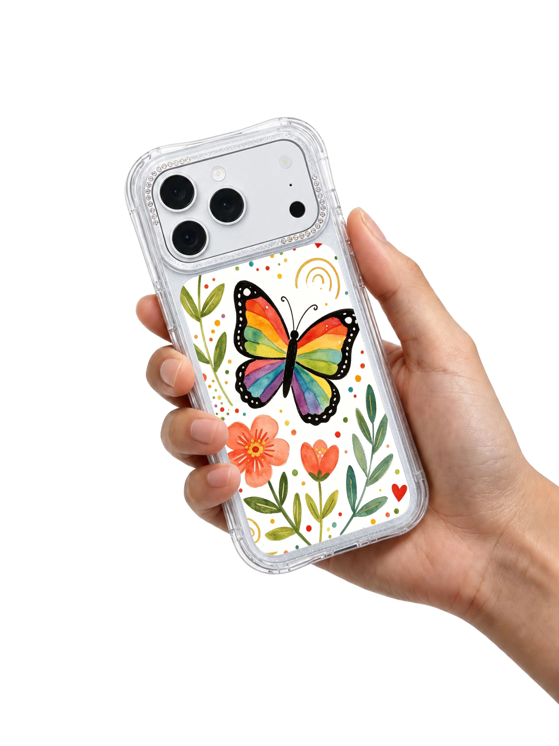 PhoneCasing fast US domestic shipping iphone 17 pro Max case with Aurelia Finch’s cheerful rainbow butterfly guardian design, printed, inspected and shipped from our California production facility.