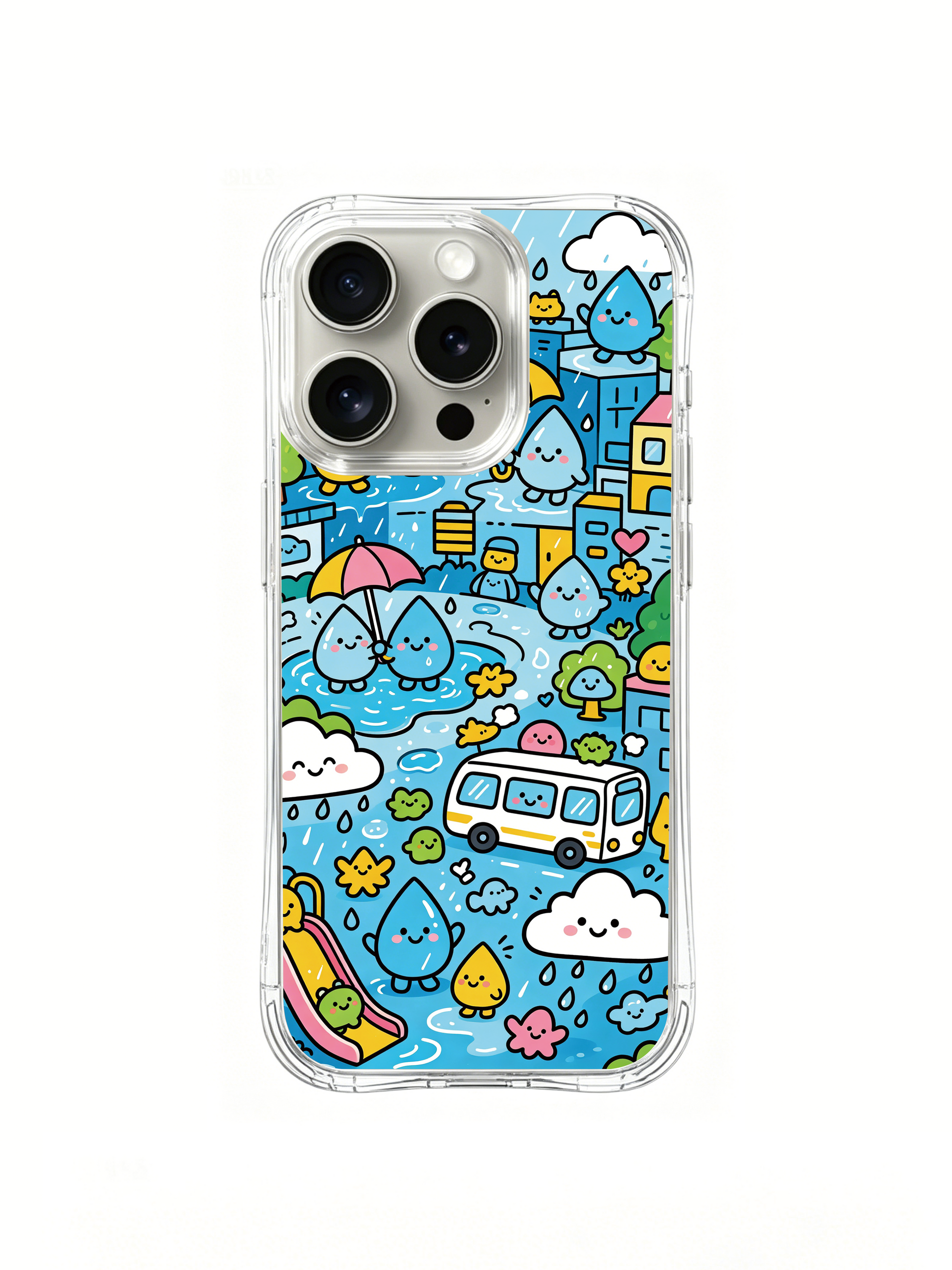PhoneCasing iPhone 16 Pro Case with four-corner anti-fall protection, featuring Milo Yun’s Raindrop City illustration, durable premium phone cover.