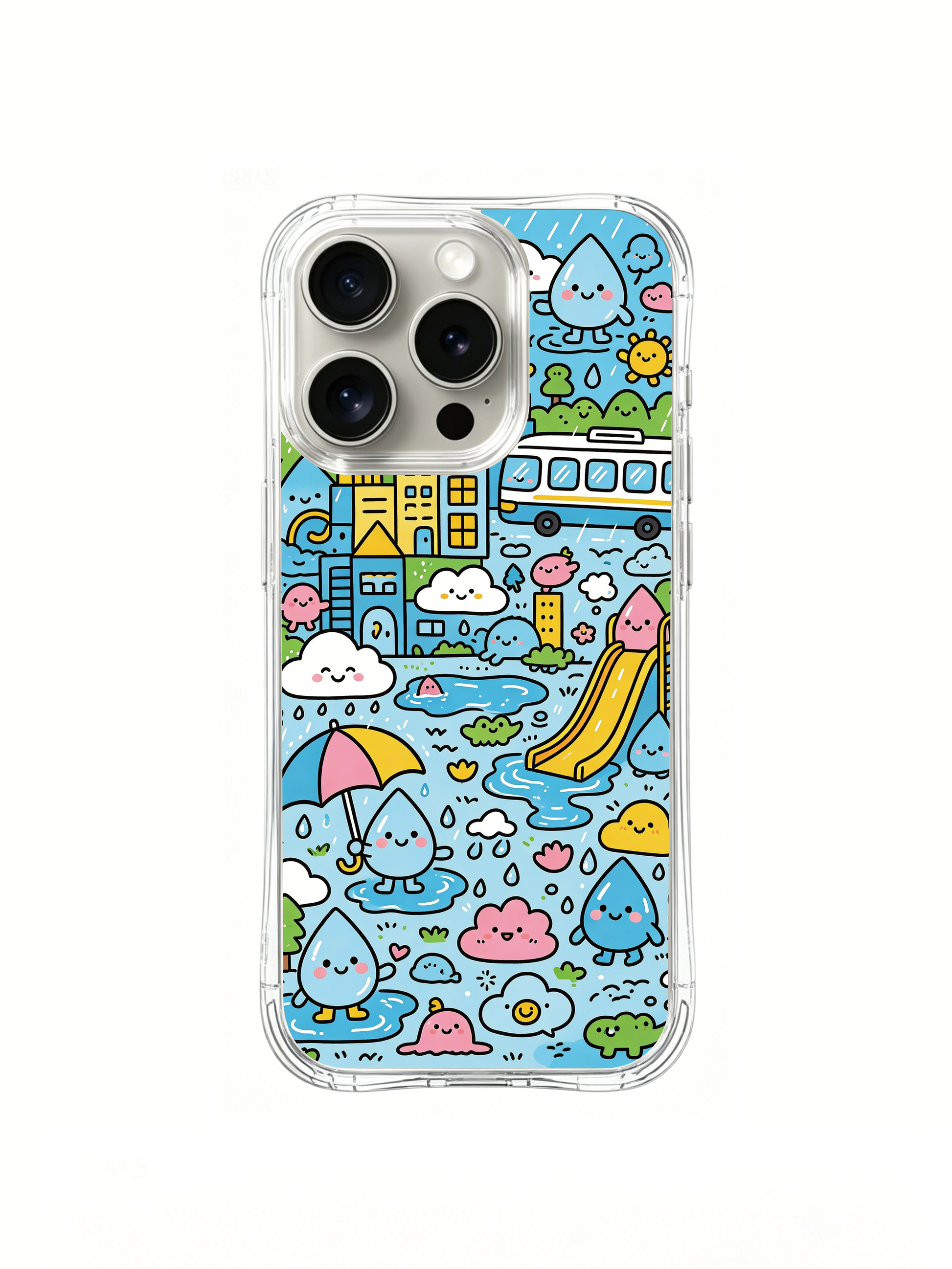 PhoneCasing iPhone 16 Pro Case with raindrop city character circle illustration, Milo Yun’s Raindrop City series, gallery-quality print.