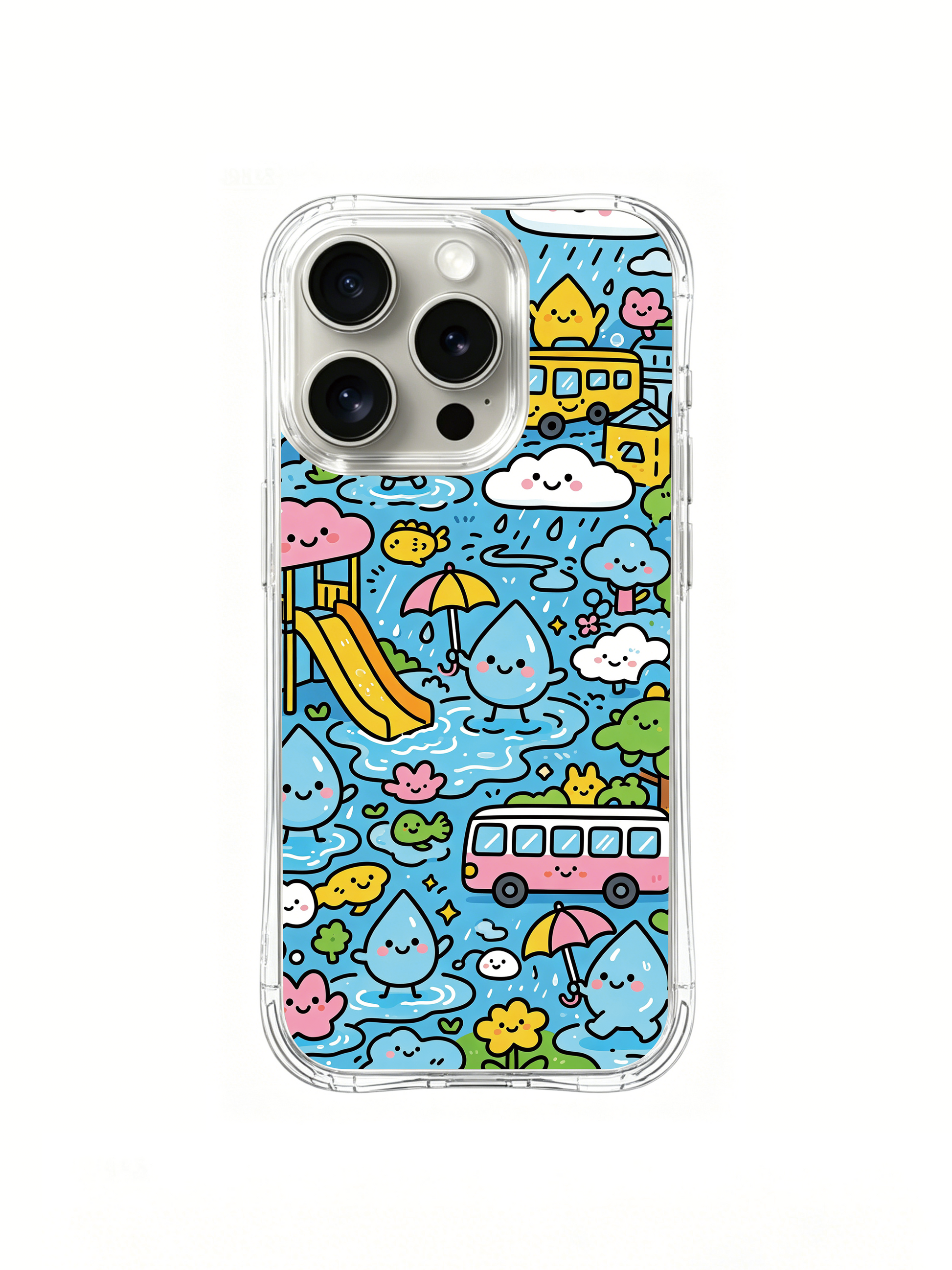 PhoneCasing iPhone 16 Pro Case with raindrop city and smiling clouds art, exclusive Milo Yun design, fade-resistant premium case.