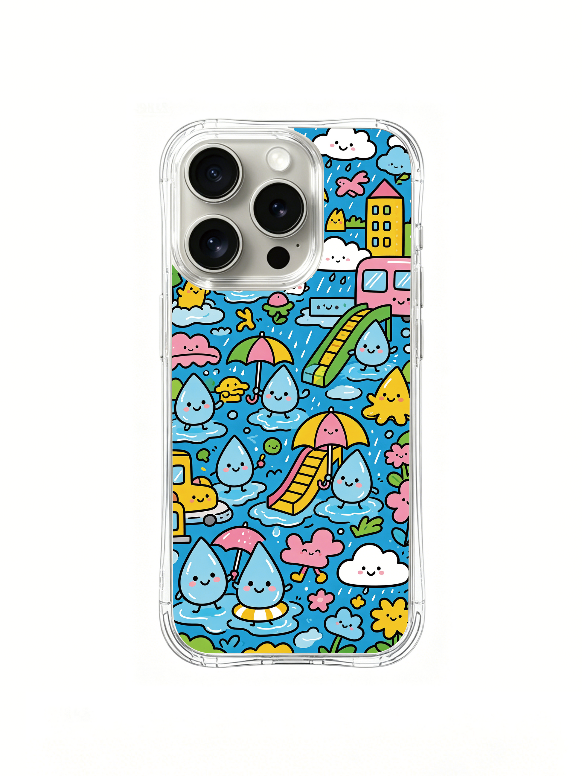PhoneCasing iPhone 16 Pro Case with raindrop city daily life art, playful Milo Yun design, premium stylish phone casing for women.