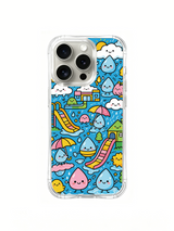 Raindrop City artwork with promotional text on an iPhone 16 Pro case