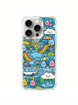 Raindrop City artwork with promotional text on an iPhone 16 Pro case
