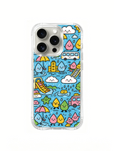 Raindrop City playground artwork on an iPhone 16 Pro case