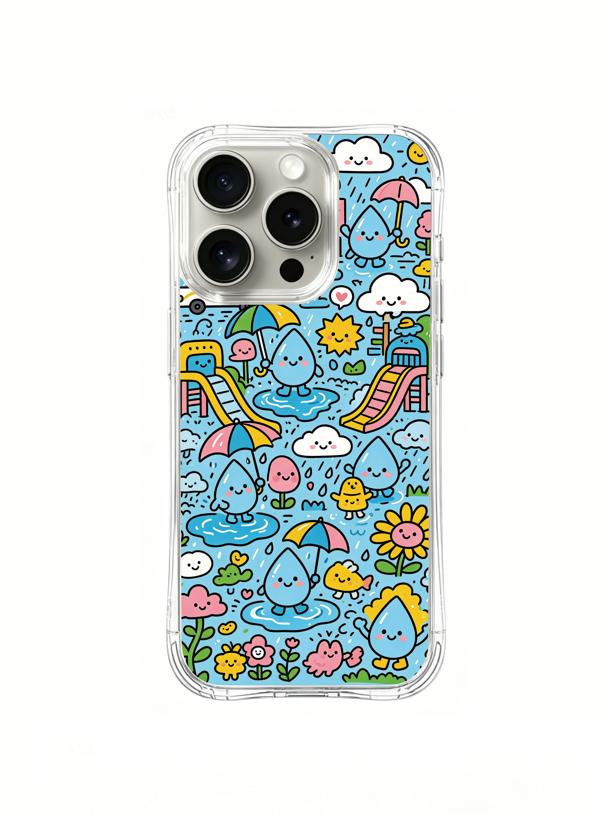 PhoneCasing iPhone 16 Pro Case with raindrop city rainbow scene, exclusive Milo Yun design, high-quality printed art casing.