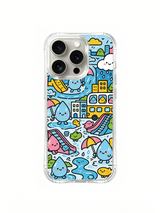 Raindrop City daily-carry scene on an iPhone 16 Pro case