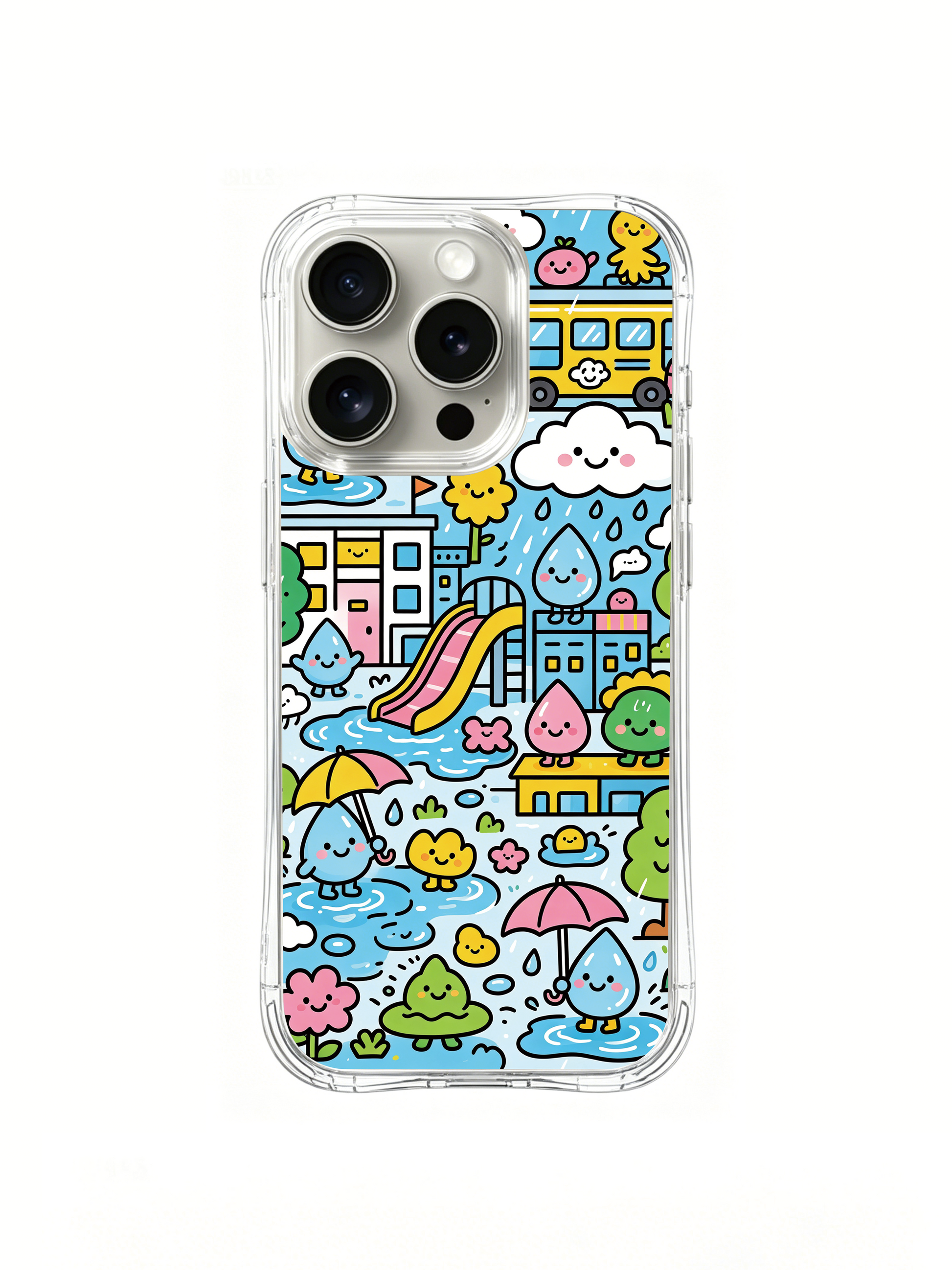 PhoneCasing iPhone 16 Pro Case with heavy-duty zero-bulk protection, featuring Milo Yun’s Raindrop City illustration, slim premium case.
