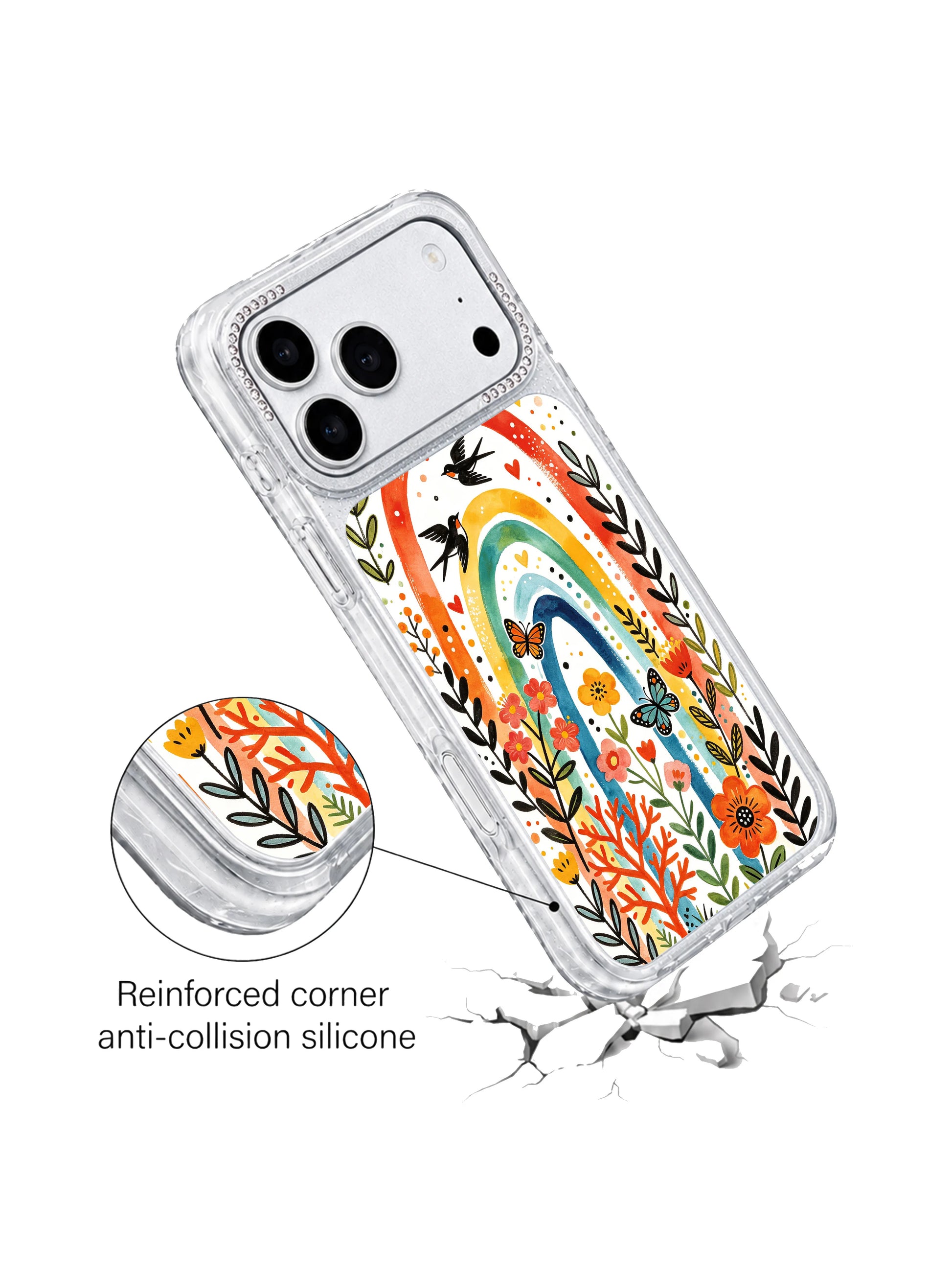 PhoneCasing scratch-proof elevated lens guard iphone 17 pro Max case centered on full-height rainbow arches, dense botanical sprigs and fluttering butterflies that block direct surface contact and camera scratches.