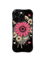 PhoneCasing iPhone 16 pro Case with uneven organic hand-sketched outlines for raspberry gerbera and cream small daisy petals, Ruby Daze UV-printed vintage collage pop art, gallery grade wavy print casing.