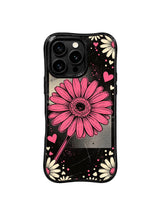 PhoneCasing iPhone 16 pro Case themed on saccharine sweetness, dreamy romance and unhidden self-confidence with central spotlight raspberry daisy collage graphics, Ruby Daze Daisy Love Riot printed wavy art casing.
