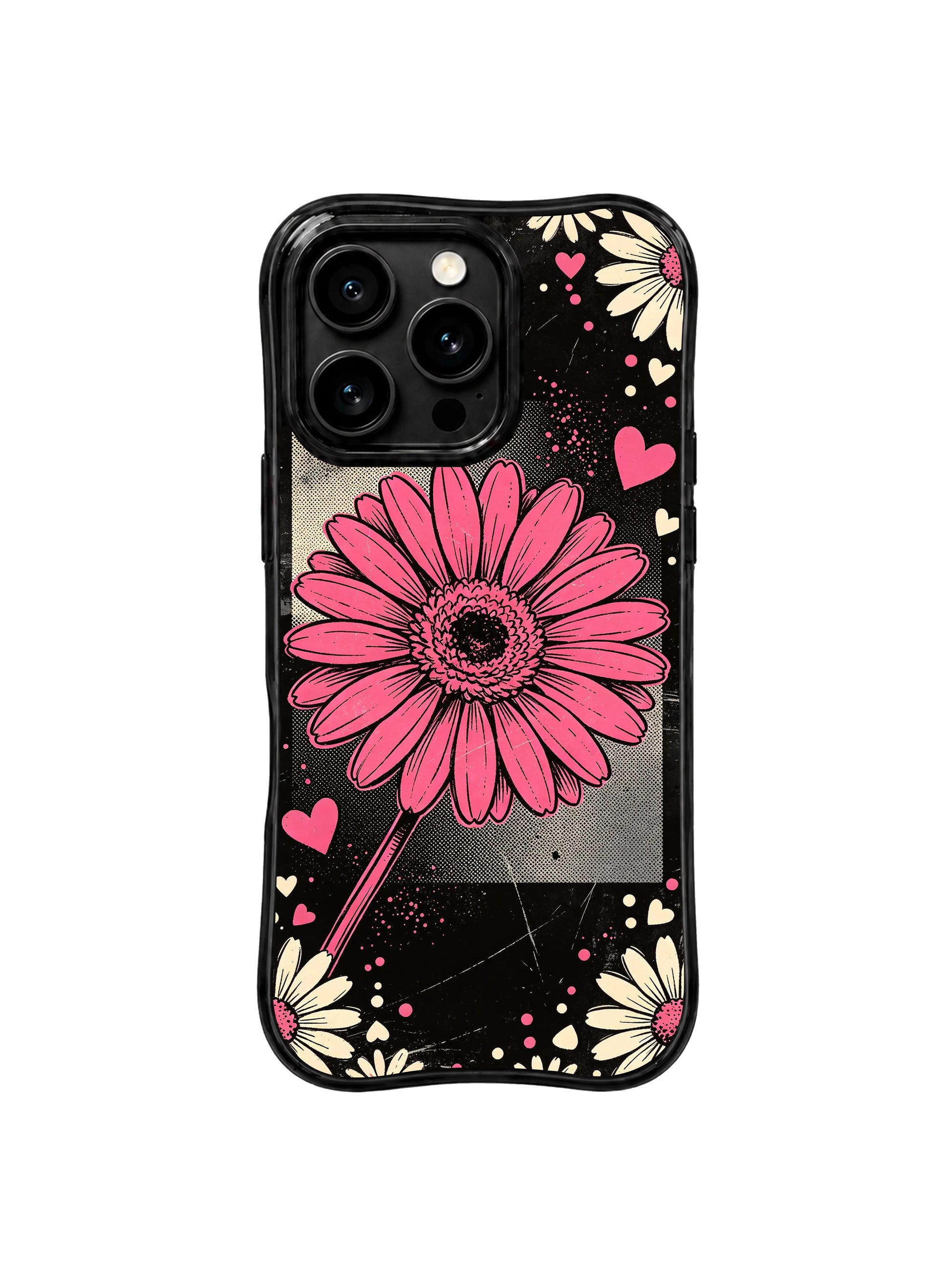 PhoneCasing iPhone 16 pro Case themed on saccharine sweetness, dreamy romance and unhidden self-confidence with central spotlight raspberry daisy collage graphics, Ruby Daze Daisy Love Riot printed wavy art casing.