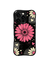 PhoneCasing iPhone 16 pro Case with faint grey halftone square patch textures mixed with scratch grunge grain as subtle collage layers, playful Ruby Daze Raspberry Daisy Collage floral design, stylish women’s phone casing.