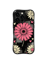 PhoneCasing iPhone 16 pro Case with subtle scattered pink and cream mini hearts + halftone dot speckles layered between daisy layers, Ruby Daze sweet bold romantic pop floral art, scratch resistant wavy casing.