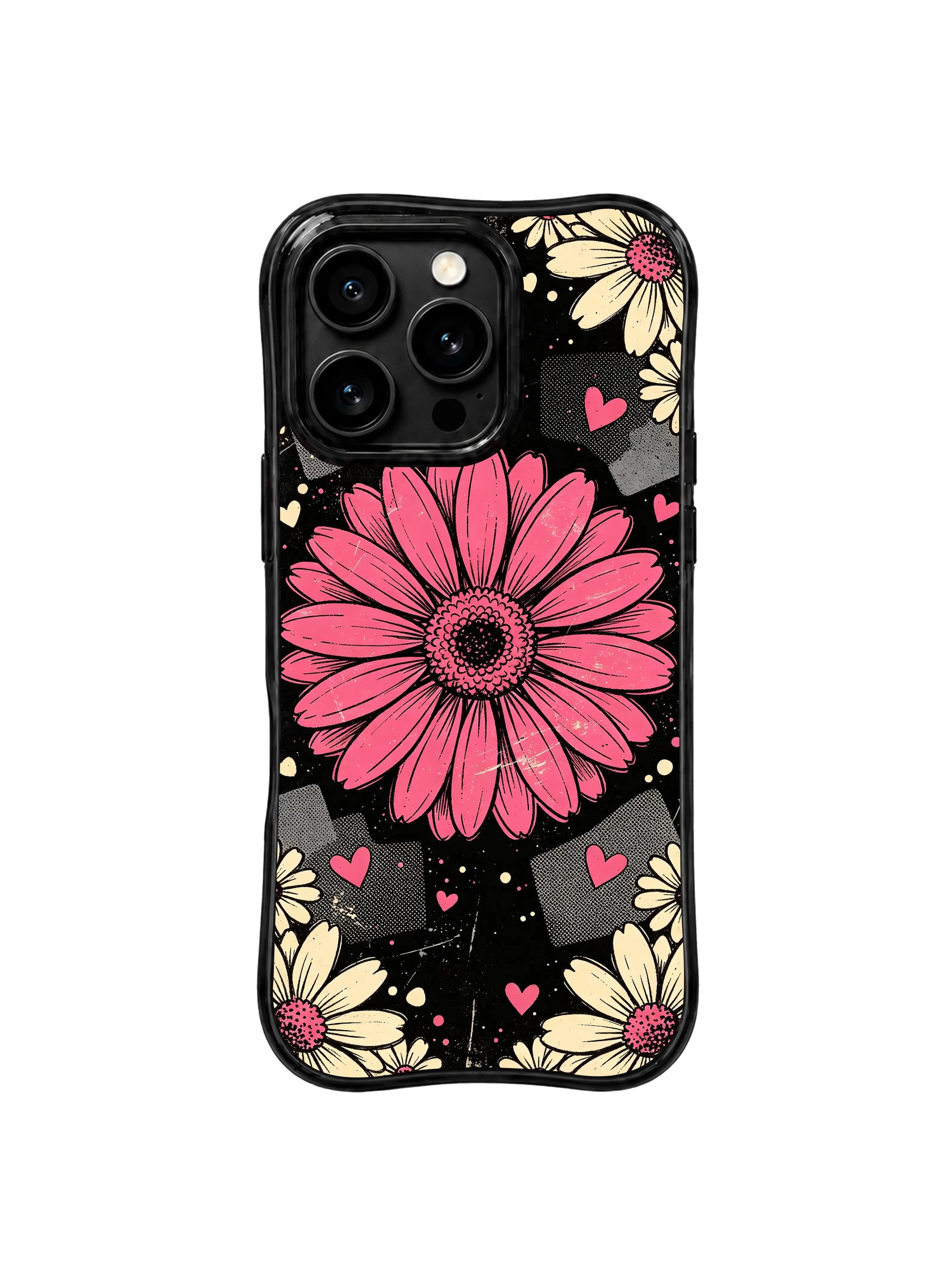 PhoneCasing iPhone 16 pro Case with authentic scratched faded grunge vintage wall poster grain dark backdrop, exclusive Ruby Daze wearable wavy frame floral collage art.