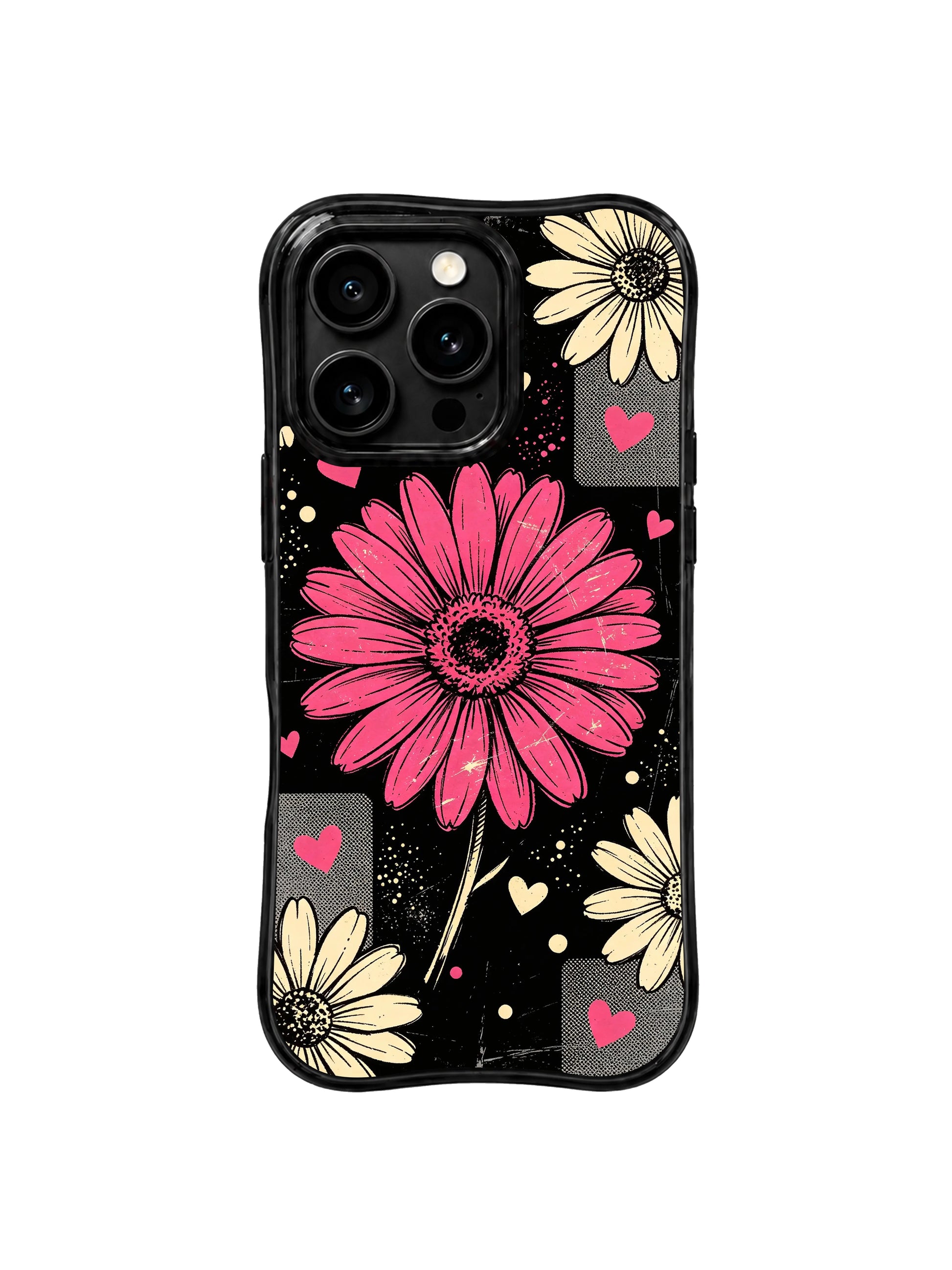 PhoneCasing iPhone 16 pro Case with stage spotlight vintage wall collage poster composition centered on saturated raspberry pink daisy, exclusive Ruby Daze artist collab heavy-duty protective art case.