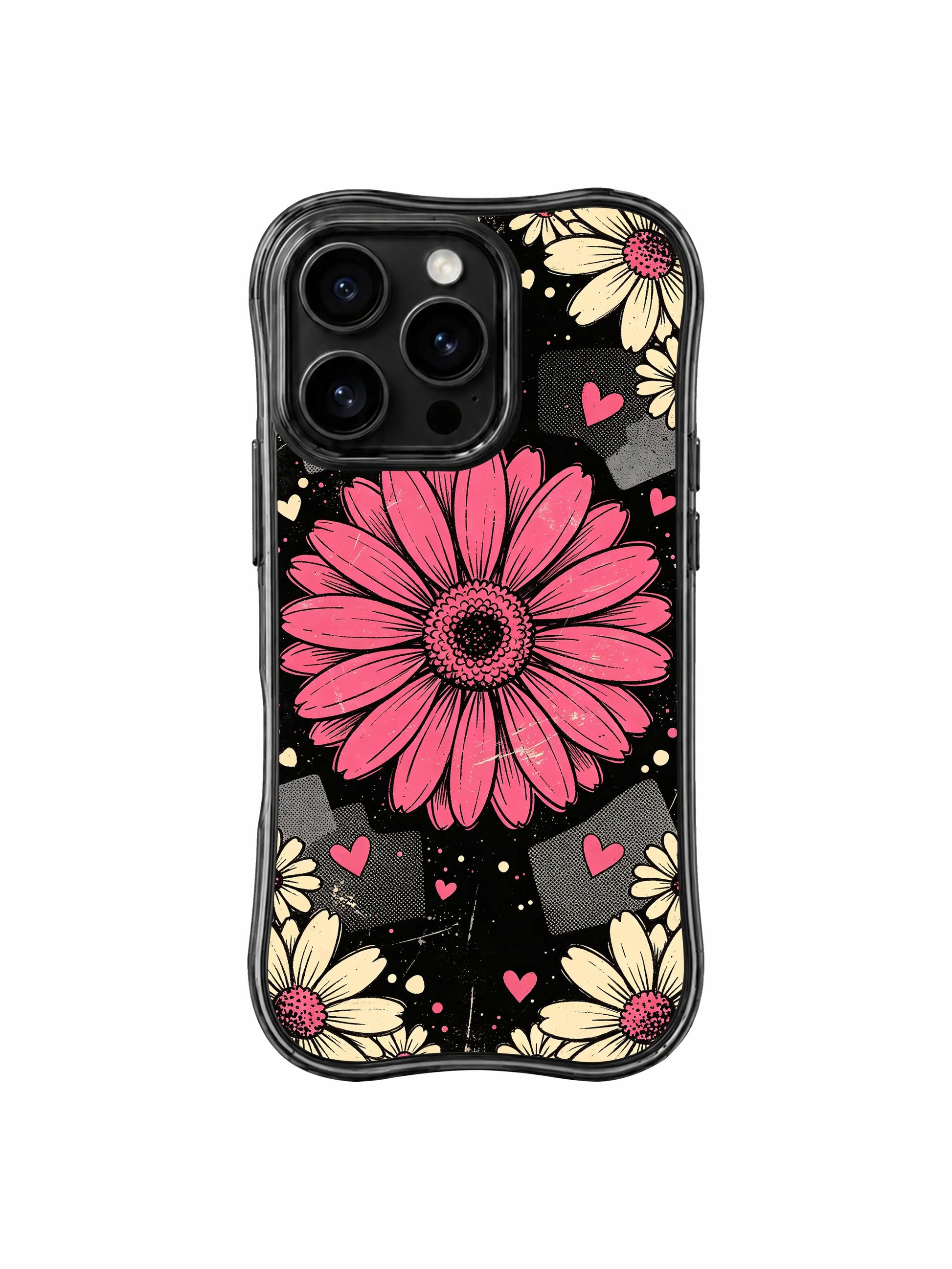 PhoneCasing iPhone 16 pro Case with faint grey halftone square patch textures mixed with scratch grunge grain as subtle collage layers, playful Ruby Daze Raspberry Daisy Collage floral design, stylish women’s phone casing.