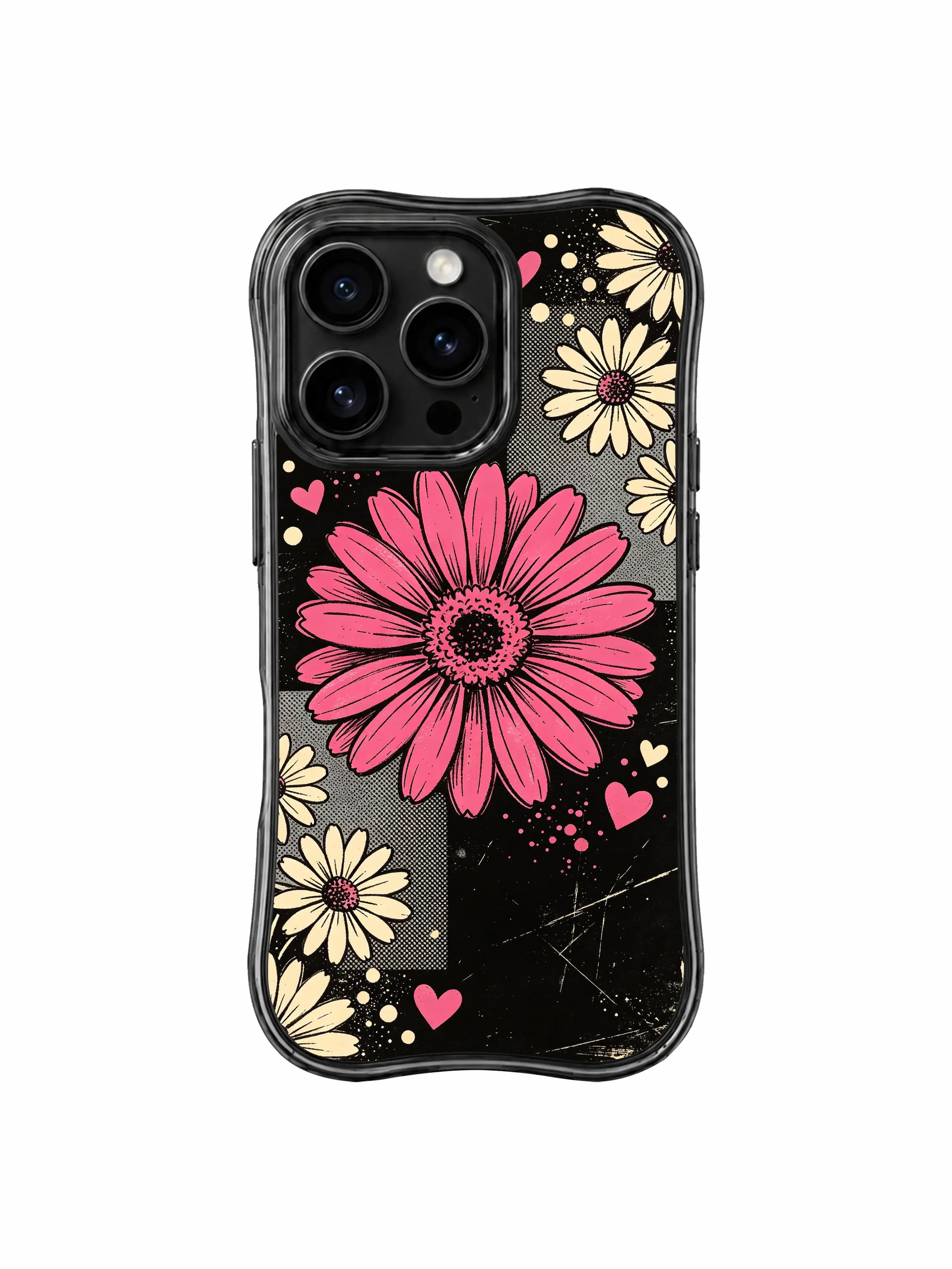 PhoneCasing iPhone 16 pro Case with full-coverage well-balanced multi-layer spotlight raspberry daisy heart speckle collage layout without clutter, Ruby Daze bold high-impact romantic design, slim lightweight wavy premium case.