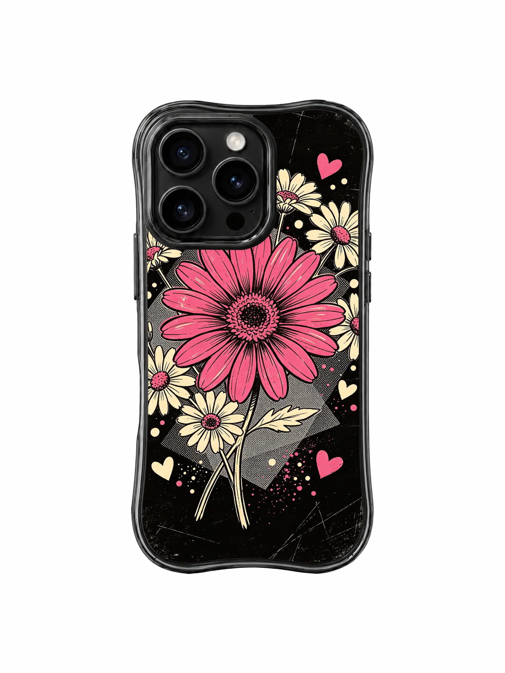 PhoneCasing iPhone 16 pro Case with subtle scattered pink and cream mini hearts + halftone dot speckles layered between daisy layers, Ruby Daze sweet bold romantic pop floral art, scratch resistant wavy casing.