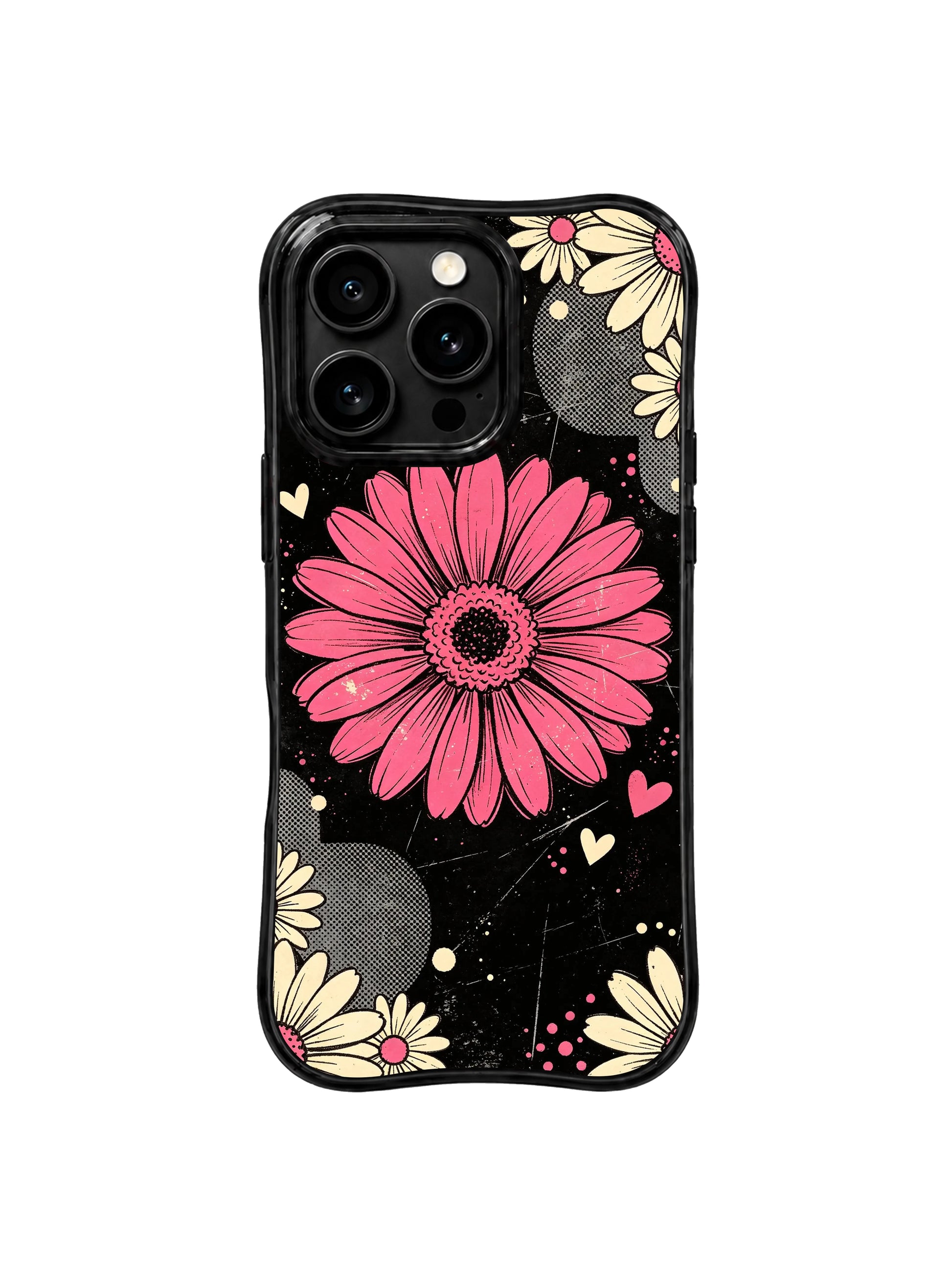 PhoneCasing iPhone 16 pro Case featuring dramatic oversized spotlight raspberry pink gerbera daisy as focal point on worn dark grunge black background from Ruby Daze Raspberry Daisy Collage, wavy black frame premium art casing for iPhone 16 pro.
