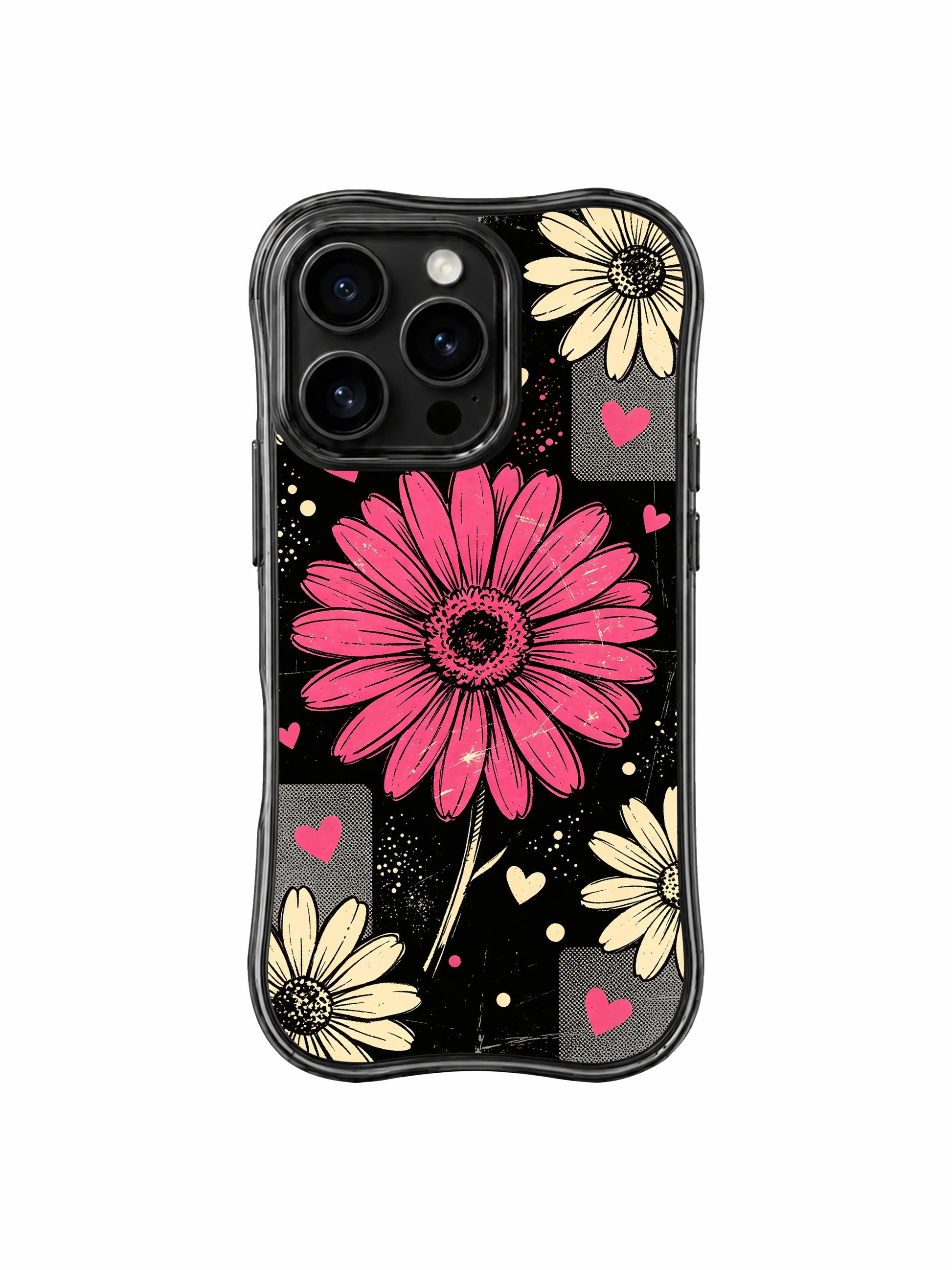 PhoneCasing iPhone 16 pro Case featuring dramatic oversized spotlight raspberry pink gerbera daisy as focal point on worn dark grunge black background from Ruby Daze Raspberry Daisy Collage, wavy black frame premium art casing for iPhone 16 pro