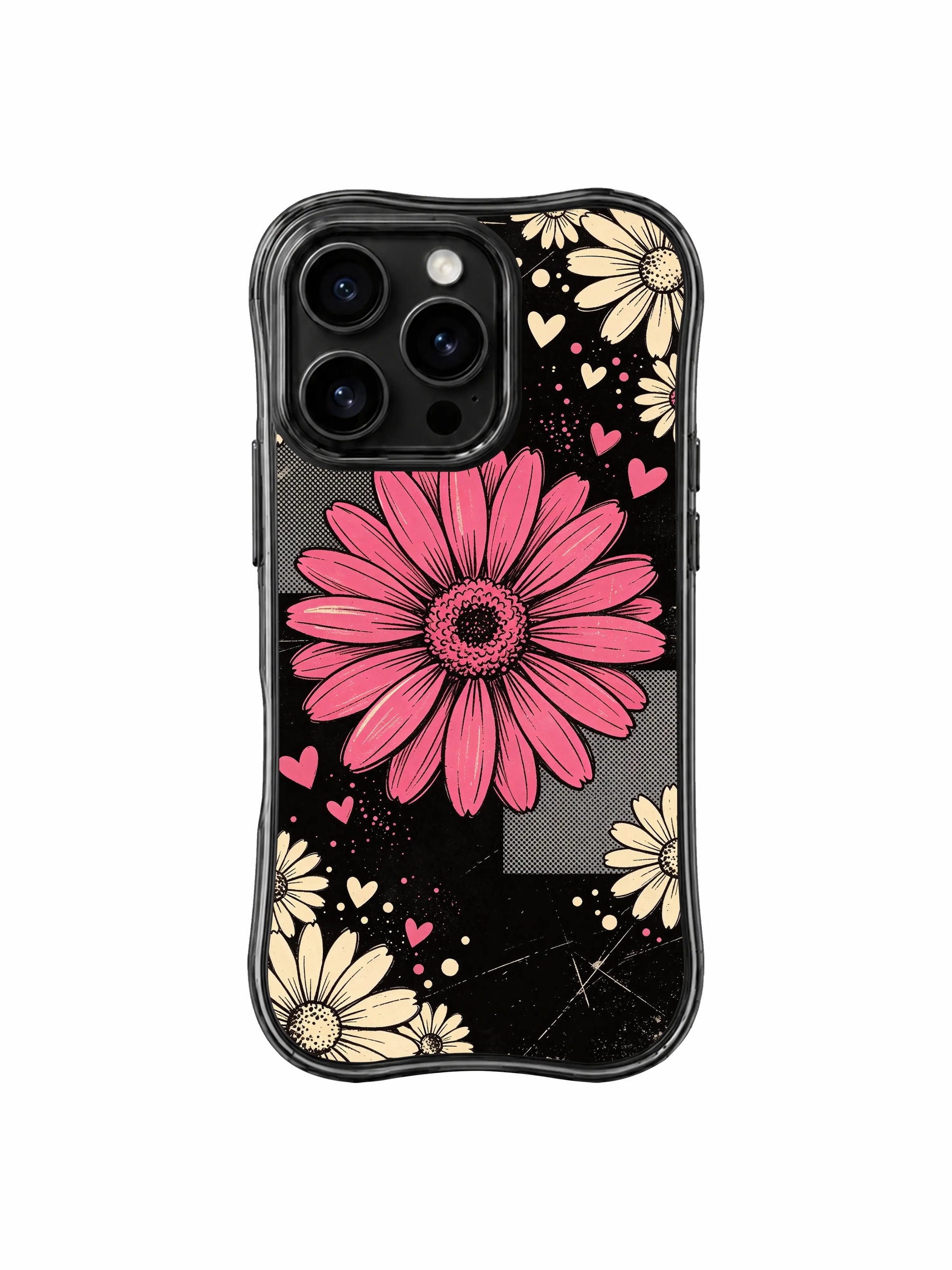 PhoneCasing iPhone 16 pro Case with uneven organic hand-sketched outlines for raspberry gerbera and cream small daisy petals, Ruby Daze handmade vintage collage pop art, gallery grade wavy print casing.