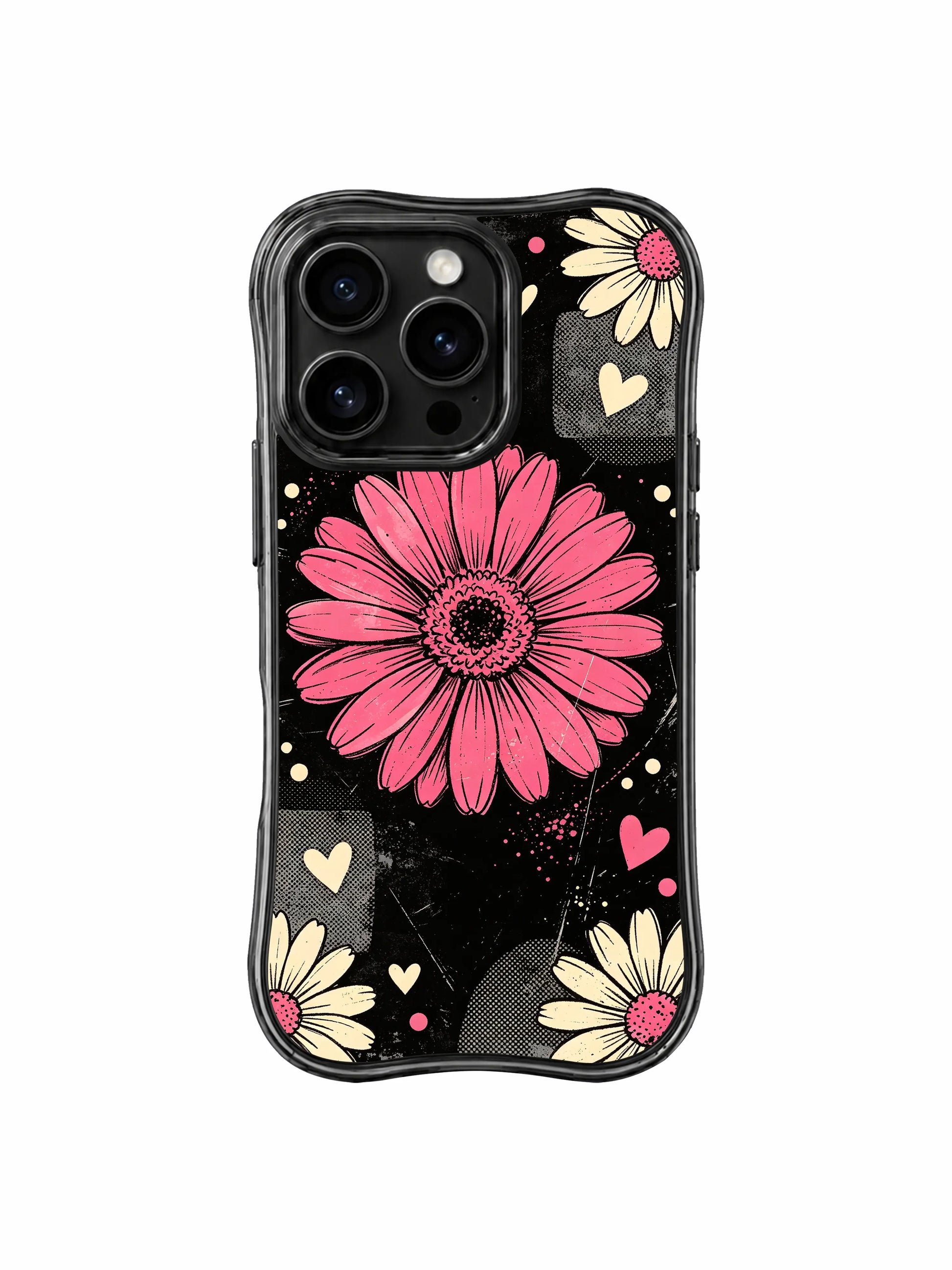 PhoneCasing iPhone 16 pro Case with scattered delicate cream small daisies framing the central raspberry spotlight flower, paired with soft heart speckle accents, Ruby Daze vintage collage illustration, tough premium phone casing.