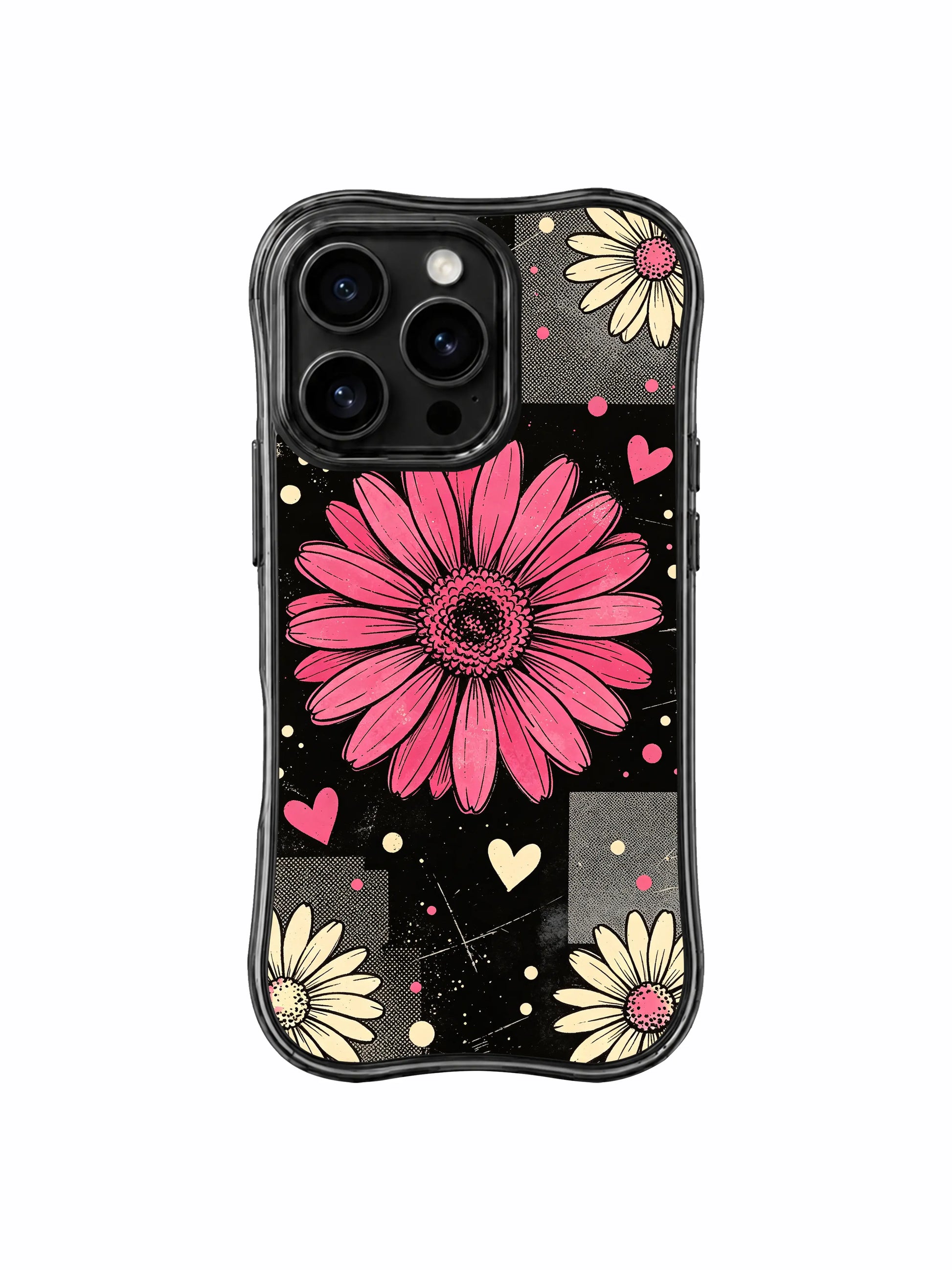 PhoneCasing iPhone 16 pro Case with stage spotlight vintage wall collage poster composition centered on saturated raspberry pink daisy, exclusive Ruby Daze artist collab heavy-duty protective art case.