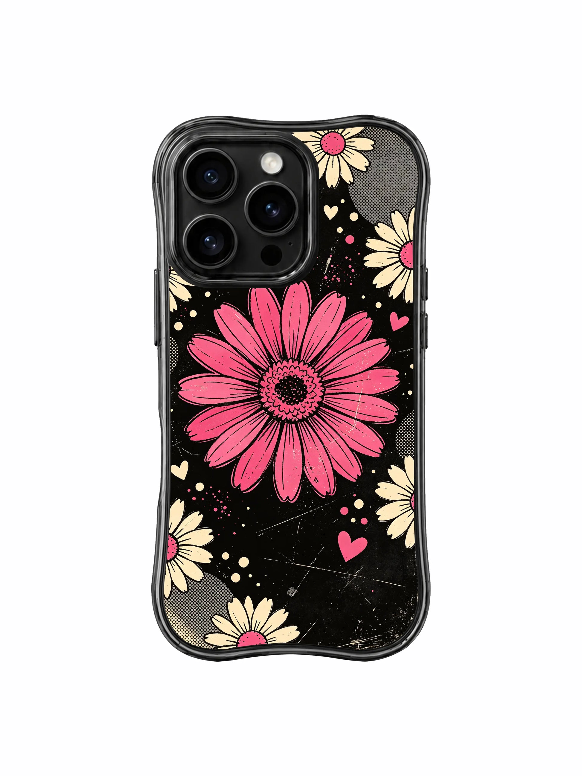 PhoneCasing iPhone 16 pro Case themed on saccharine sweetness, dreamy romance and unhidden self-confidence with central spotlight raspberry daisy collage graphics, Ruby Daze Daisy Love Riot printed wavy art casing.