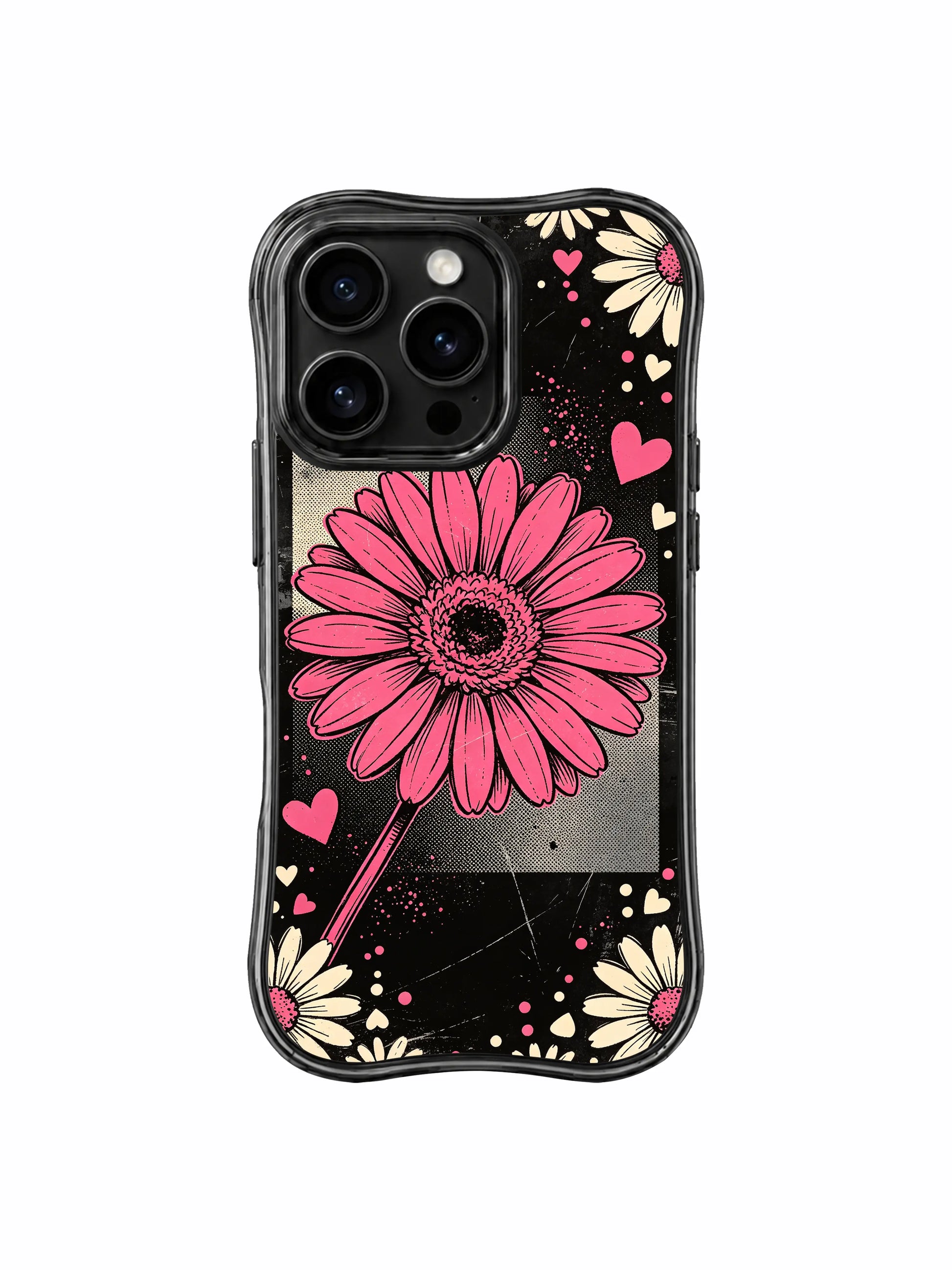 PhoneCasing iPhone 16 pro Case with authentic scratched faded grunge vintage wall poster grain dark backdrop, exclusive Ruby Daze wearable wavy frame floral collage art.