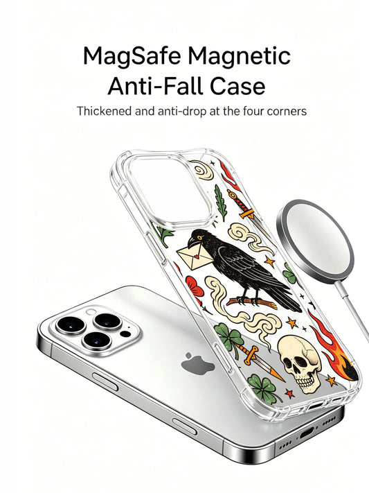 PhoneCasing iPhone 15 pro Case with letter-carrying black raven, crescent moon, vintage smoke scroll, flame & hanging skull detail, limited artist collab luxury protective phone casing for US female art collectors.