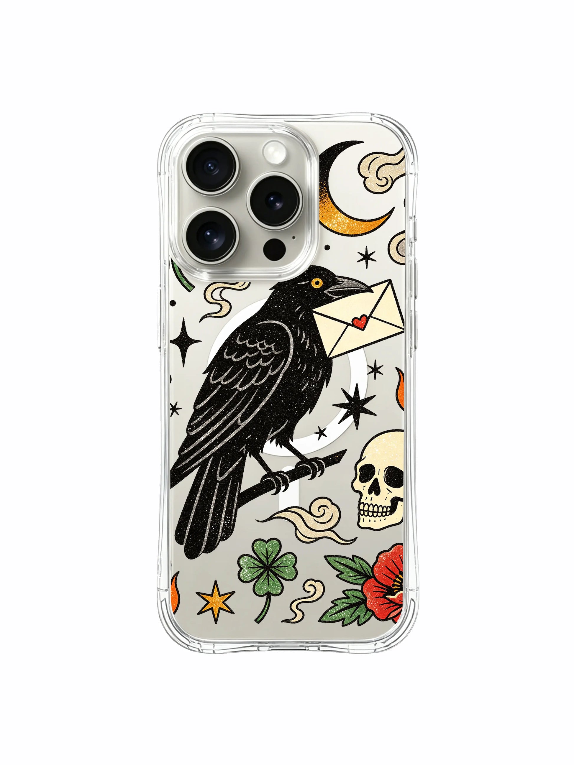 PhoneCasing iPhone 15 pro Case with two green shamrocks, base skull, side red flower and scattered star motifs, collectible old school tattoo protective iPhone 15 pro casing built in California factory.