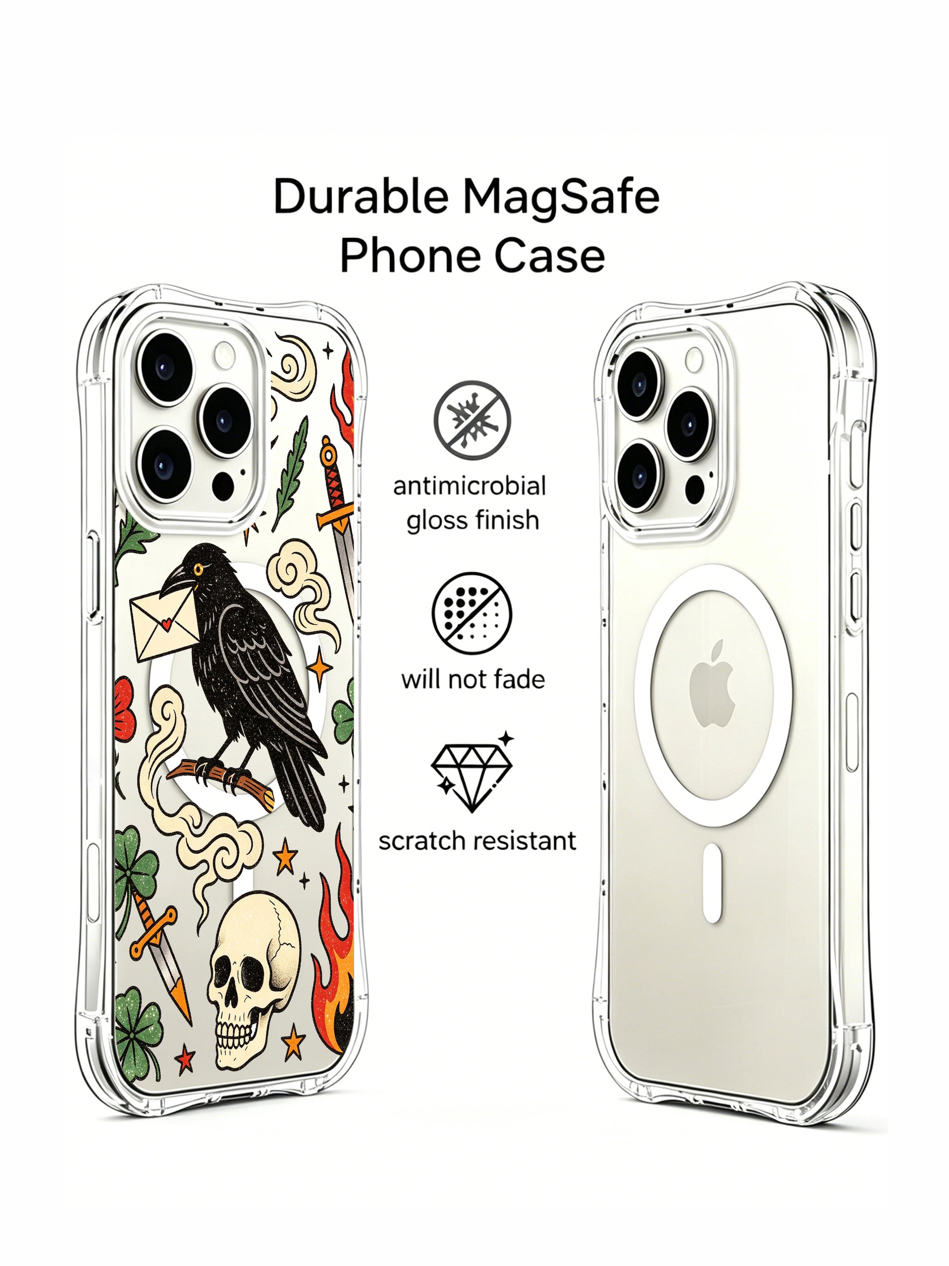 PhoneCasing iPhone 15 pro Case showcasing central raven & heart envelope, two green clovers, red hilt dagger and dual red blooms, scratch-resistant clear art iPhone 15 pro casing crafted locally in USA.