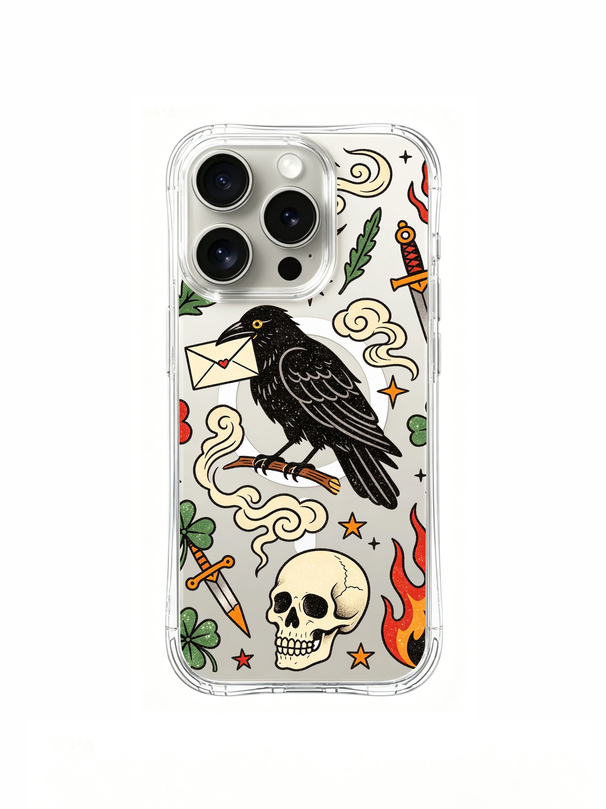 PhoneCasing iPhone 15 pro Case featuring Ruby Blackthorn old-school golden-eye raven with love envelope, red poppy, skull and four-leaf clover tattoo art, transparent wearable fine art iPhone 15 pro casing made in California.