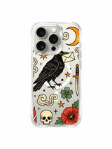 PhoneCasing iPhone 15 pro Case full multi-star layout, floating smoke scrolls, single top poppy and perched raven, scratch-resistant luxury casing for daily iPhone 15 Pro protection.
