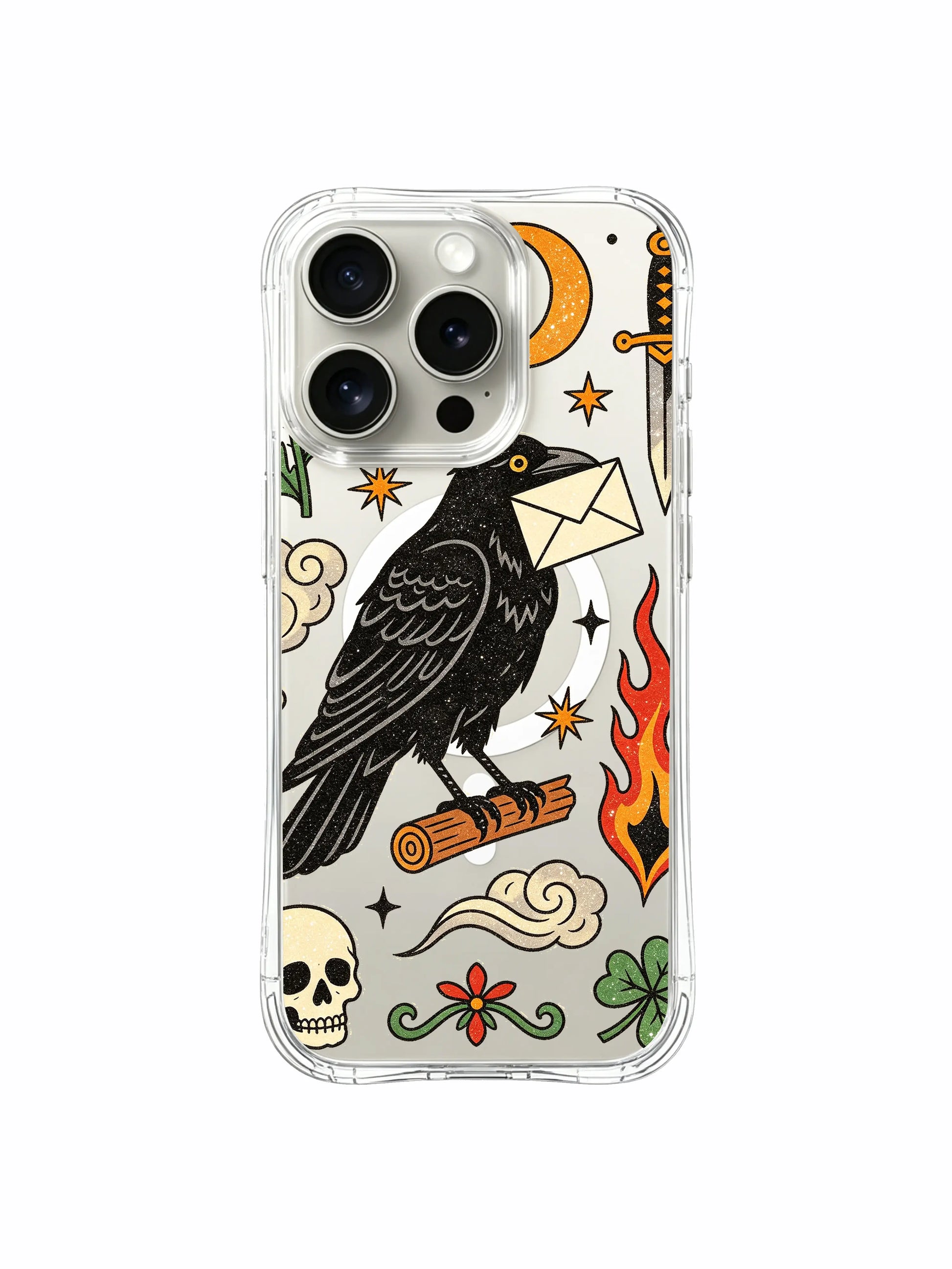 PhoneCasing iPhone 15 pro Case with center red bloom, left fiery graphic, classic skull and scattered star accents, vintage tattoo style wearable art iPhone 15 pro casing.