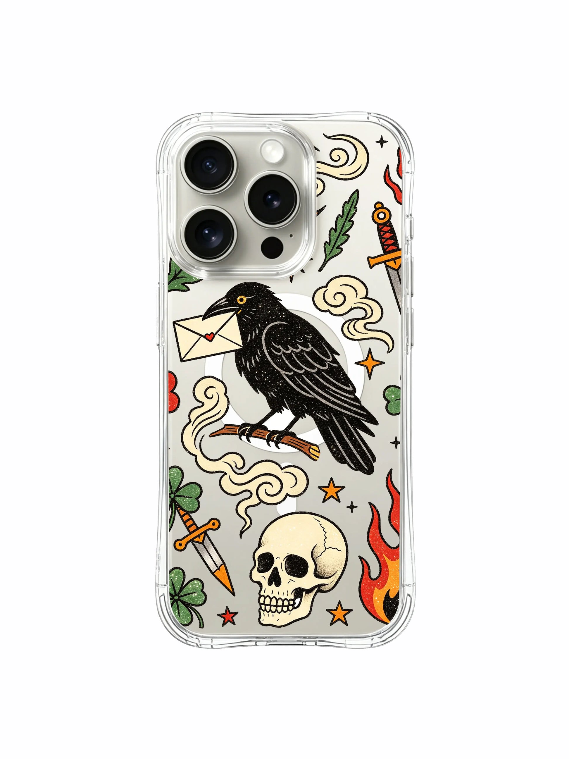 PhoneCasing iPhone 15 pro Case with orange glitter crescent moon, vertical sword, wispy smoke and lower skull, limited-run artist-designed protective iPhone 15 pro casing.