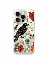 PhoneCasing iPhone 15 pro Case dagger-free composition, top & bottom red poppy flowers, shamrock and fiery corner detail, slim clear anti-drop iPhone 15 pro casing.