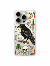 PhoneCasing iPhone 15 pro Case with decorated hilt dagger, torch-shaped flame, double hanging skull charms and clover, upscale wearable art casing perfect for holiday presents.