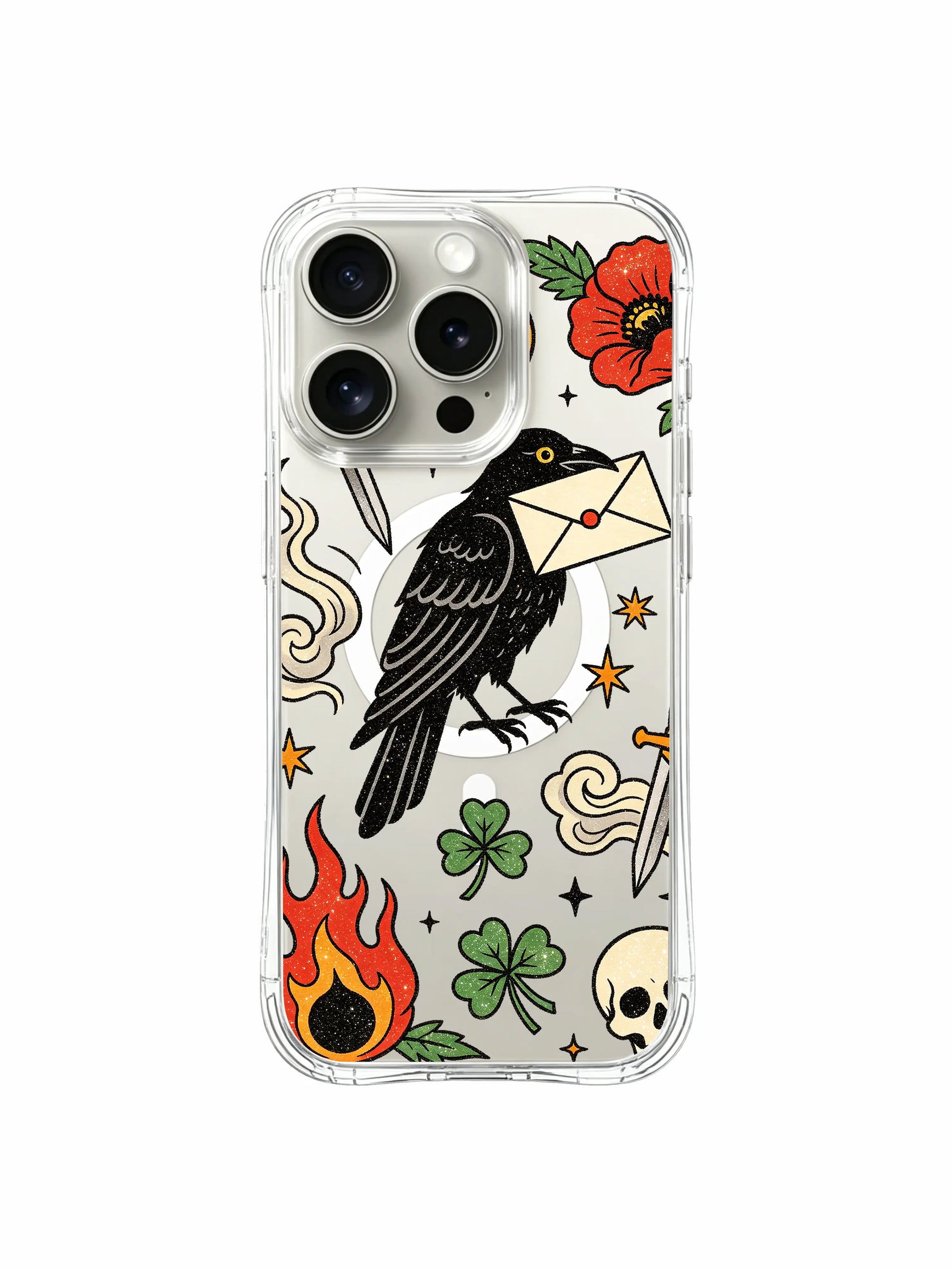 PhoneCasing iPhone 15 pro Case with right-side patterned dagger, twin flame skulls, leaf detail and clover beside mail-carrying crow, luxury gift-ready clear iPhone 15 pro casing.