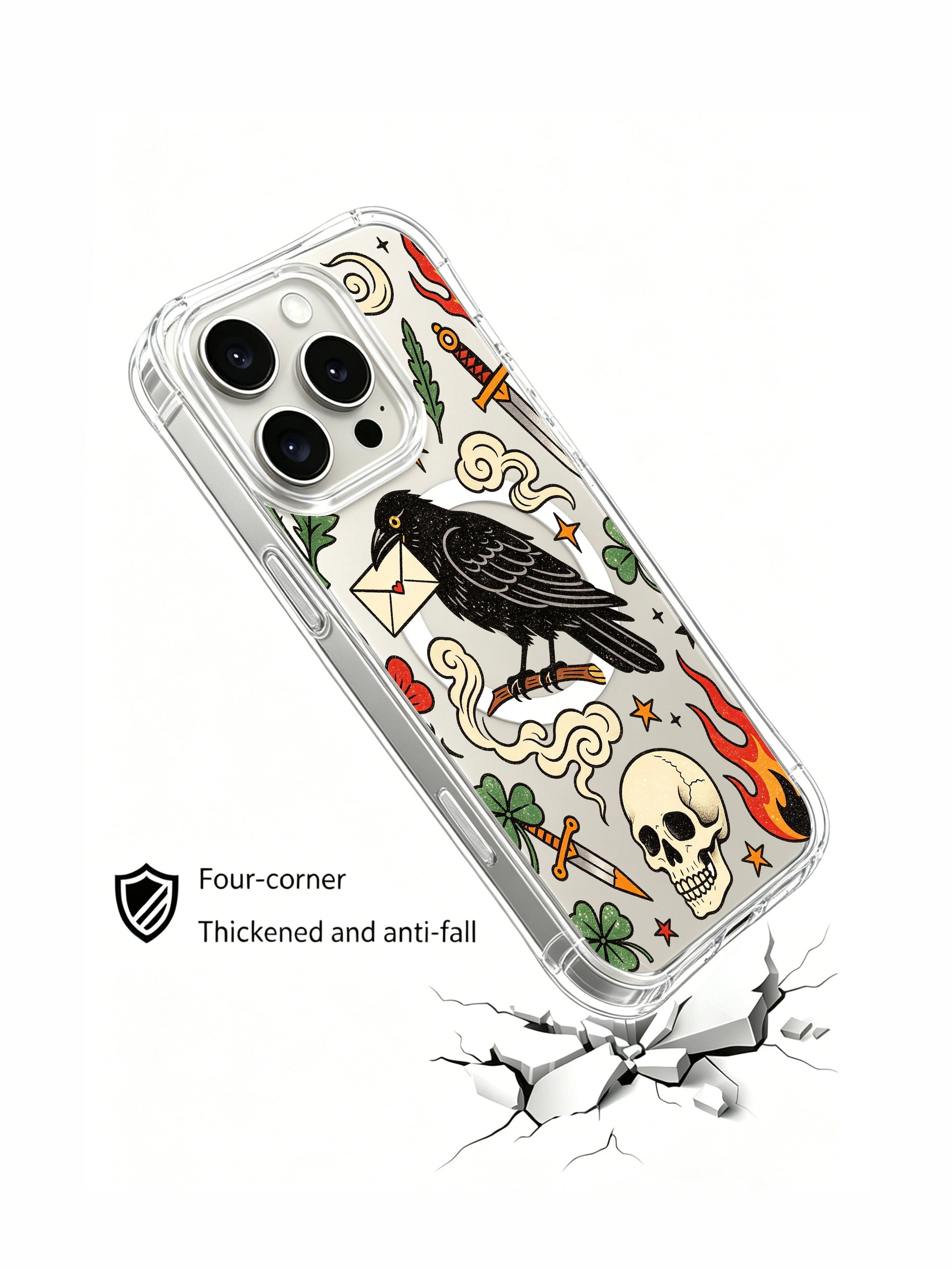 PhoneCasing iPhone 15 pro Case with dual side daggers, bottom bold flame, curly smoke swirls and skull beside messenger raven, fade-proof archival printed wearable fine art casing.