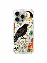 PhoneCasing iPhone 15 pro Case side-position red blossom, base flame skull, small clover and star details, premium custom printed art iPhone 15 pro casing.