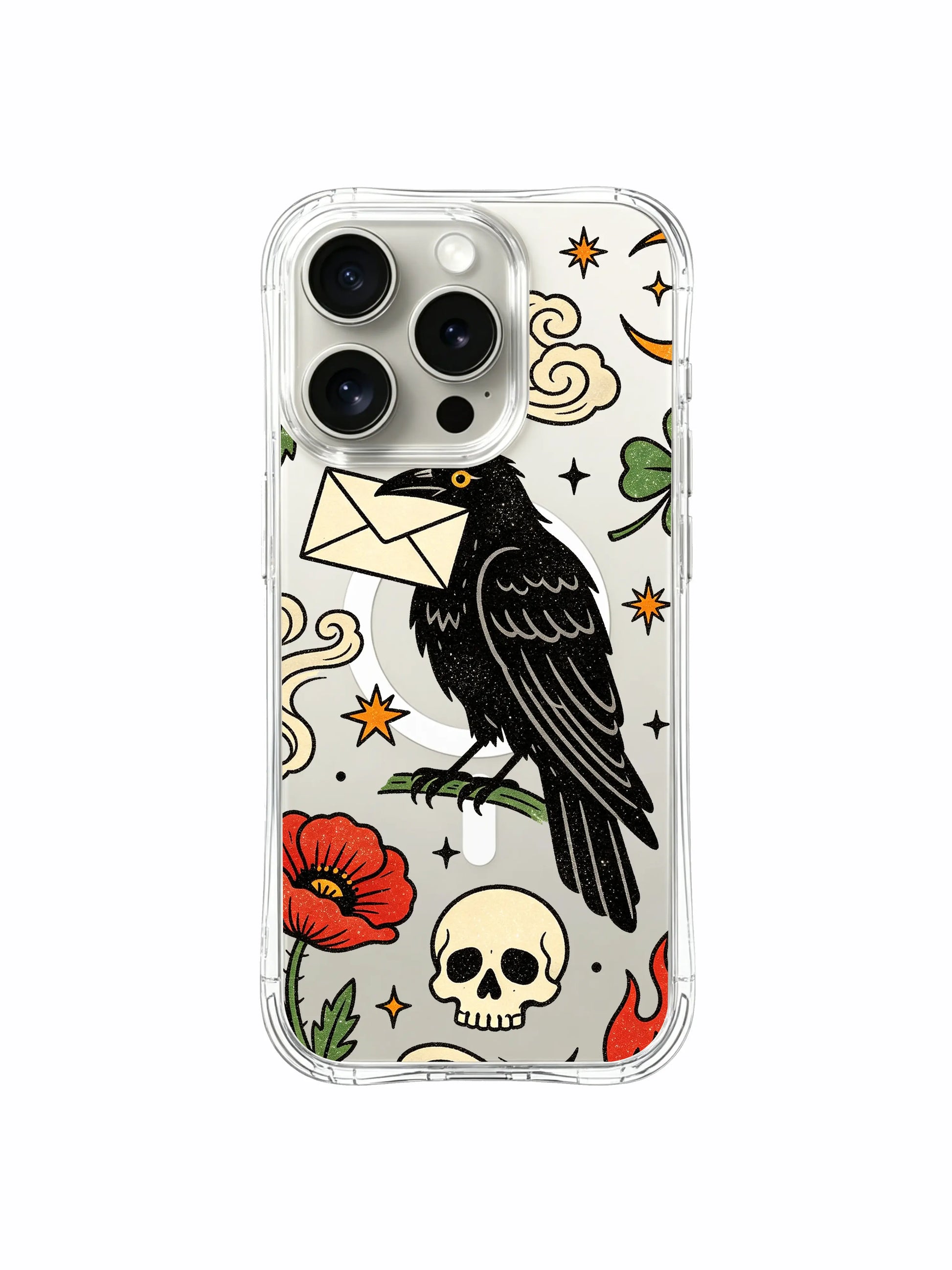 PhoneCasing iPhone 15 pro Case dotted mini stars, soft smoke clouds, side dagger and upper poppy beside mail raven, made-in-USA vintage tattoo transparent phone casing.