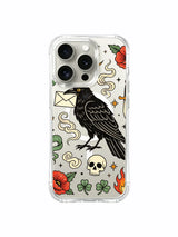 PhoneCasing iPhone 15 pro Case spiral smoke ornament, standalone skull, two poppy blooms and tiny star cluster, UV-printed printed luxury iPhone 15 pro casing.