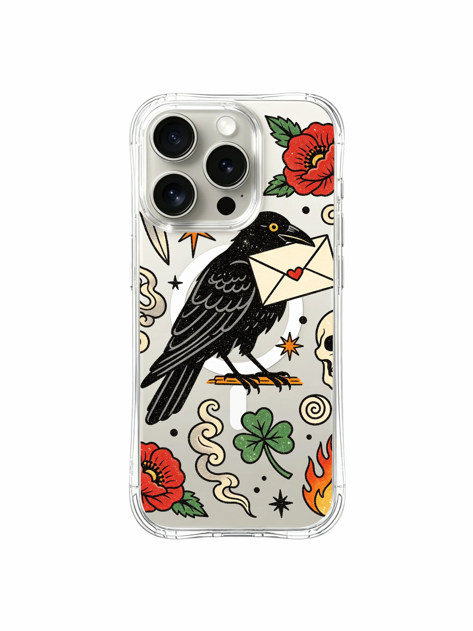 PhoneCasing iPhone 15 pro Case featuring upper crescent moon, vertical vintage dagger, bottom clover and single poppy beside mail raven, premium glossy finish iPhone 15 pro casing with free US domestic shipping.