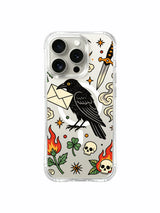 PhoneCasing iPhone 15 pro Case with upper red poppy, bottom flame, two clover sprigs and curly scrollwork, anti-fingerprint fine art iPhone 15 pro casing from US production facility.