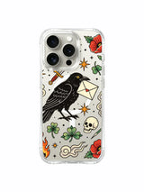 PhoneCasing iPhone 15 pro Case with twig-perched golden-eyed raven, single top poppy, curved smoke and isolated skull graphic, lightweight transparent anti-drop iPhone 15 pro casing.