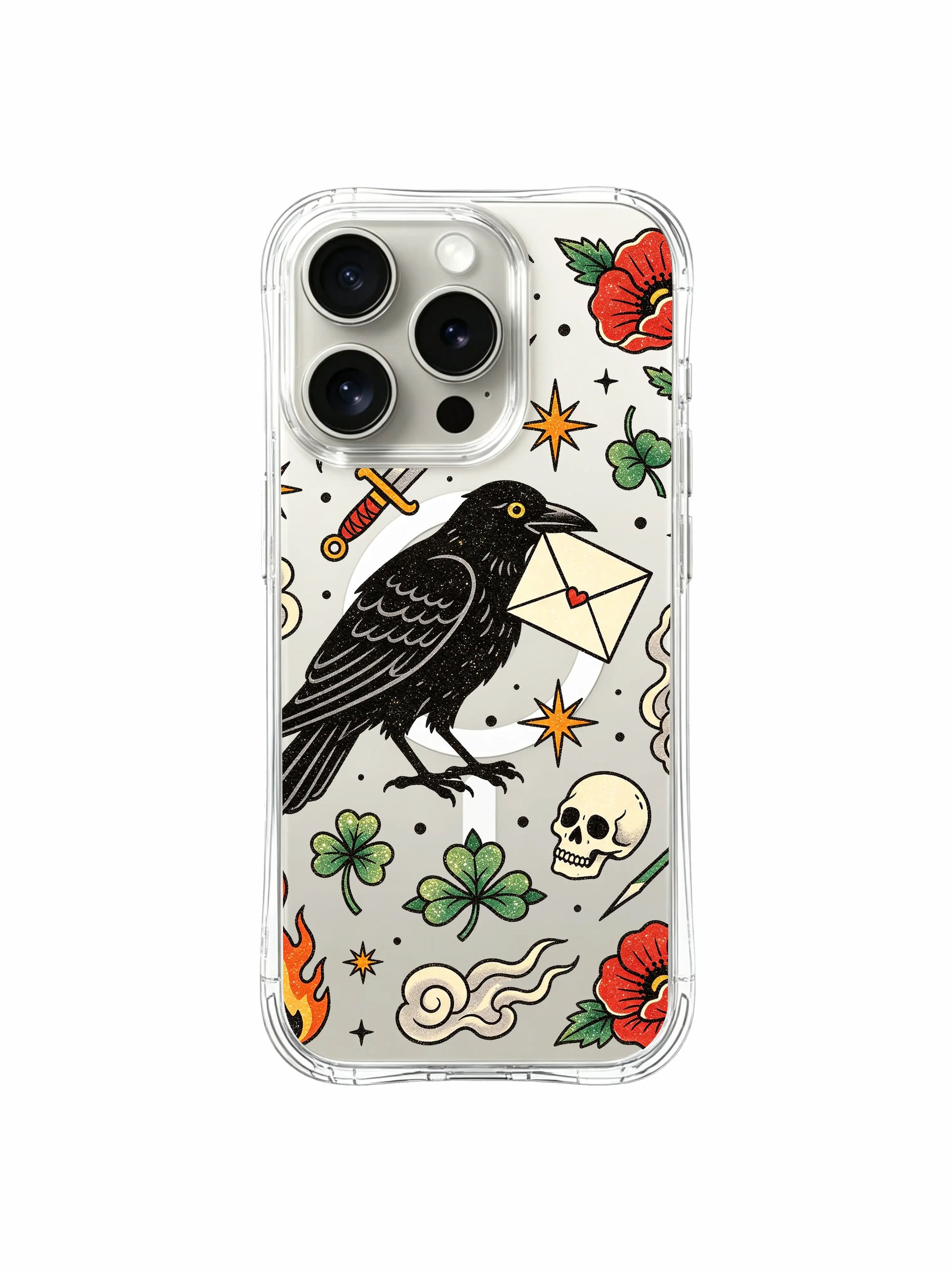 PhoneCasing iPhone 15 pro Case with twig-perched golden-eyed raven, single top poppy, curved smoke and isolated skull graphic, lightweight transparent anti-drop iPhone 15 pro casing.