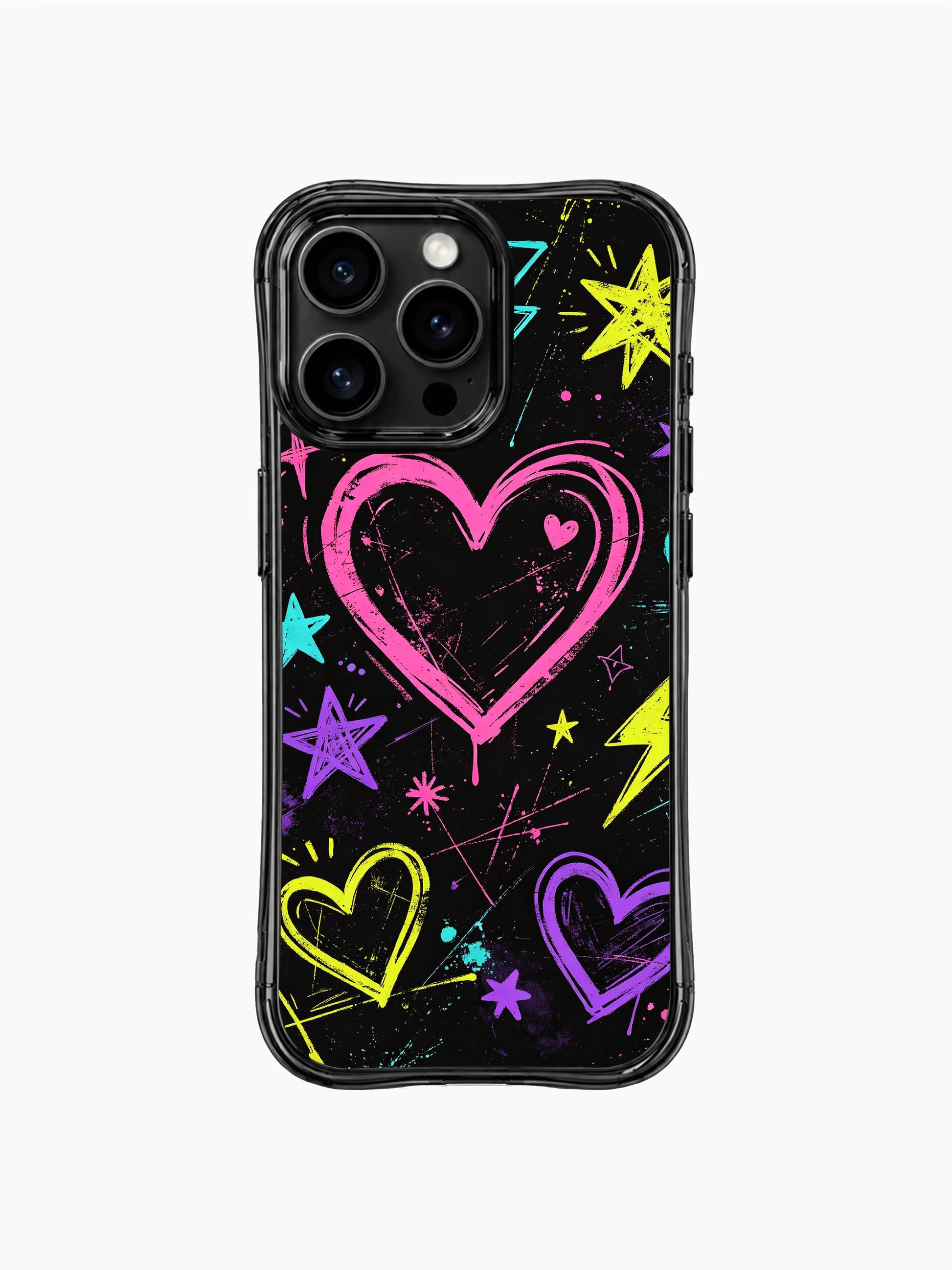 Sweet Rebel Hearts PhoneCasing iPhone 13 Pro Max casing, expressive chaotic street graffiti print, layered outline hearts with thunderbolt and star accents