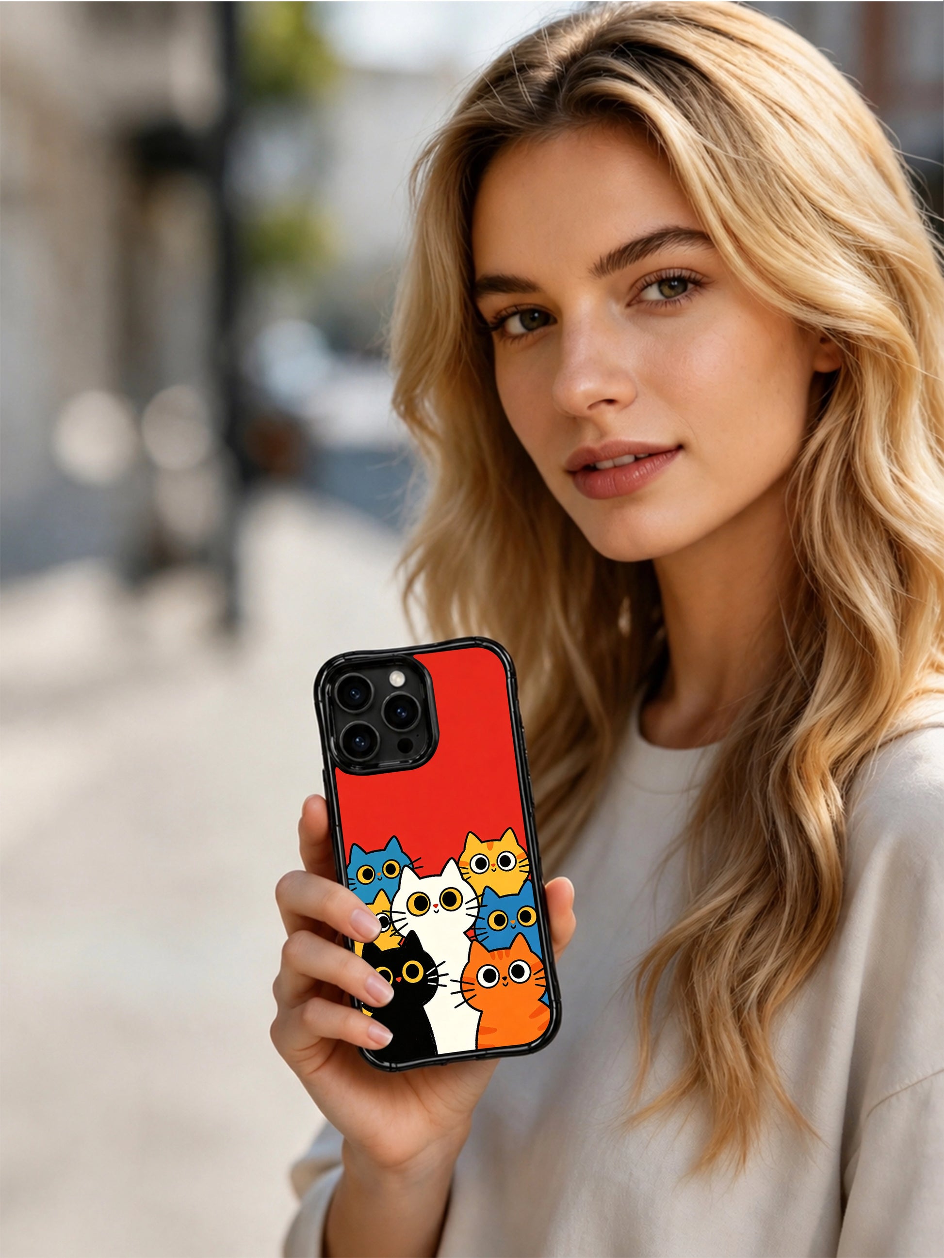 PhoneCasing iPhone 16 pro max anti-yellowing case with Mimi Colorfield art, cute cats against a lucky red canvas.